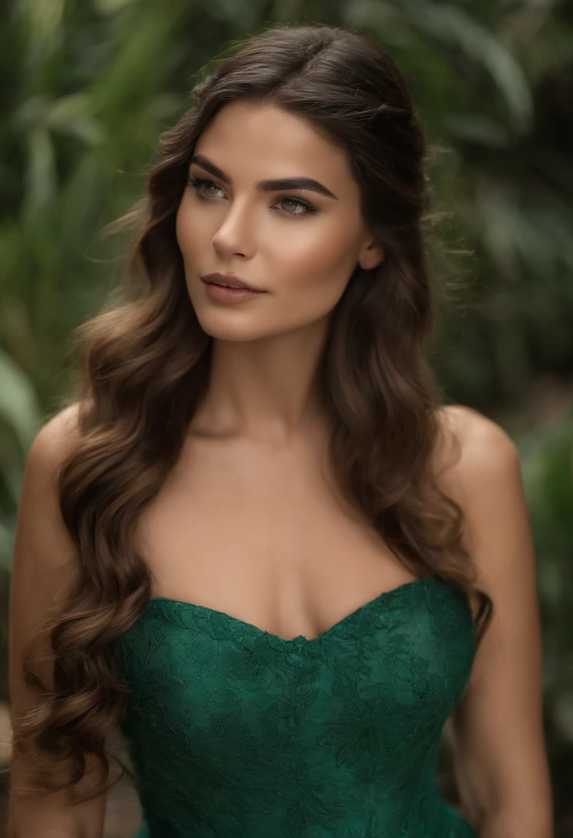 Jovem mulher de 25 anos,Com cabelo ruivo longo e cacheado sedoso e macio,Olho azul detalhado e perfeito,Sarda no rosto,Ultra Perfection,Qualidade de cinema,Vestindo um vestido verde agua longo,Com uma flor detalhada e perfeita no cabelo,Em um templo antigo,Ultra HD,flawless lighting,Mega HD,Ultra 4K
