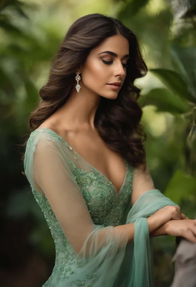 Jovem mulher de 25 anos,Com cabelo ruivo longo e cacheado sedoso e macio,Olho azul detalhado e perfeito,Sarda no rosto,Ultra Perfection,Qualidade de cinema,Vestindo um vestido verde agua longo,Com uma flor detalhada e perfeita no cabelo,Em um templo antigo,Ultra HD,flawless lighting,Mega HD,Ultra 4K