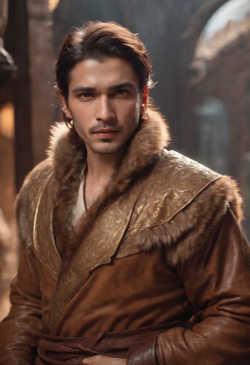 an Indian king, in indian dress (Professional 3D rendering:1.3) by (Realistic:1.3) World's most beautiful art picture,Features soft, bright male heroes, ((Epic hero fantasy rough muscular man wet hero angry look long hair short beard and fierce expression in dynamic pose, wearing a golden robe, fantastic location, majestic cluttered environment)), full body 8k unit render, action shot, skin pores, very dark lighting, heavy shading, detailed, Detailed face, (vibrant, photorealistic, Realistic , Dramatic, Dark, sharp focus, 8k), (Old leather clothes damaged by bad weather:1.4), ((((Use furs)))), (intricate:1.4), decayed, (highly detailed:1.4), painting digital, rendering by octane, art stations, Concept-Art, smooth, sharp focus, illustration, germ of art, (Loish:0.23), Wlop Ilya Kuvshinov, and Greg Rutkowski and Alphonse Mucha Gracias, (global illumination, studiolight, Light Volumetric ), heavy rain, floating particles, scoundrel, fantasy, Eleven, full bodyesbian, ((Dark old city background:1.3)),CGSesociedade,art stations