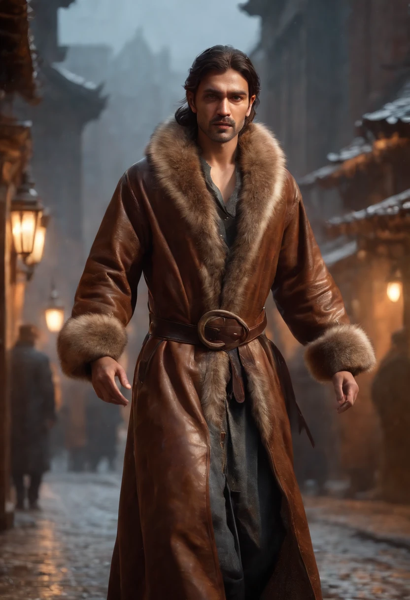 an Indian king, in indian dress (Professional 3D rendering:1.3) by (Realistic:1.3) World's most beautiful art picture,Features soft, bright male heroes, ((Epic hero fantasy rough muscular man wet hero angry look long hair short beard and fierce expression in dynamic pose, wearing a golden robe, fantastic location, majestic cluttered environment)), full body 8k unit render, action shot, skin pores, very dark lighting, heavy shading, detailed, Detailed face, (vibrant, photorealistic, Realistic , Dramatic, Dark, sharp focus, 8k), (Old leather clothes damaged by bad weather:1.4), ((((Use furs)))), (intricate:1.4), decayed, (highly detailed:1.4), painting digital, rendering by octane, art stations, Concept-Art, smooth, sharp focus, illustration, germ of art, (Loish:0.23), Wlop Ilya Kuvshinov, and Greg Rutkowski and Alphonse Mucha Gracias, (global illumination, studiolight, Light Volumetric ), heavy rain, floating particles, scoundrel, fantasy, Eleven, full bodyesbian, ((Dark old city background:1.3)),CGSesociedade,art stations