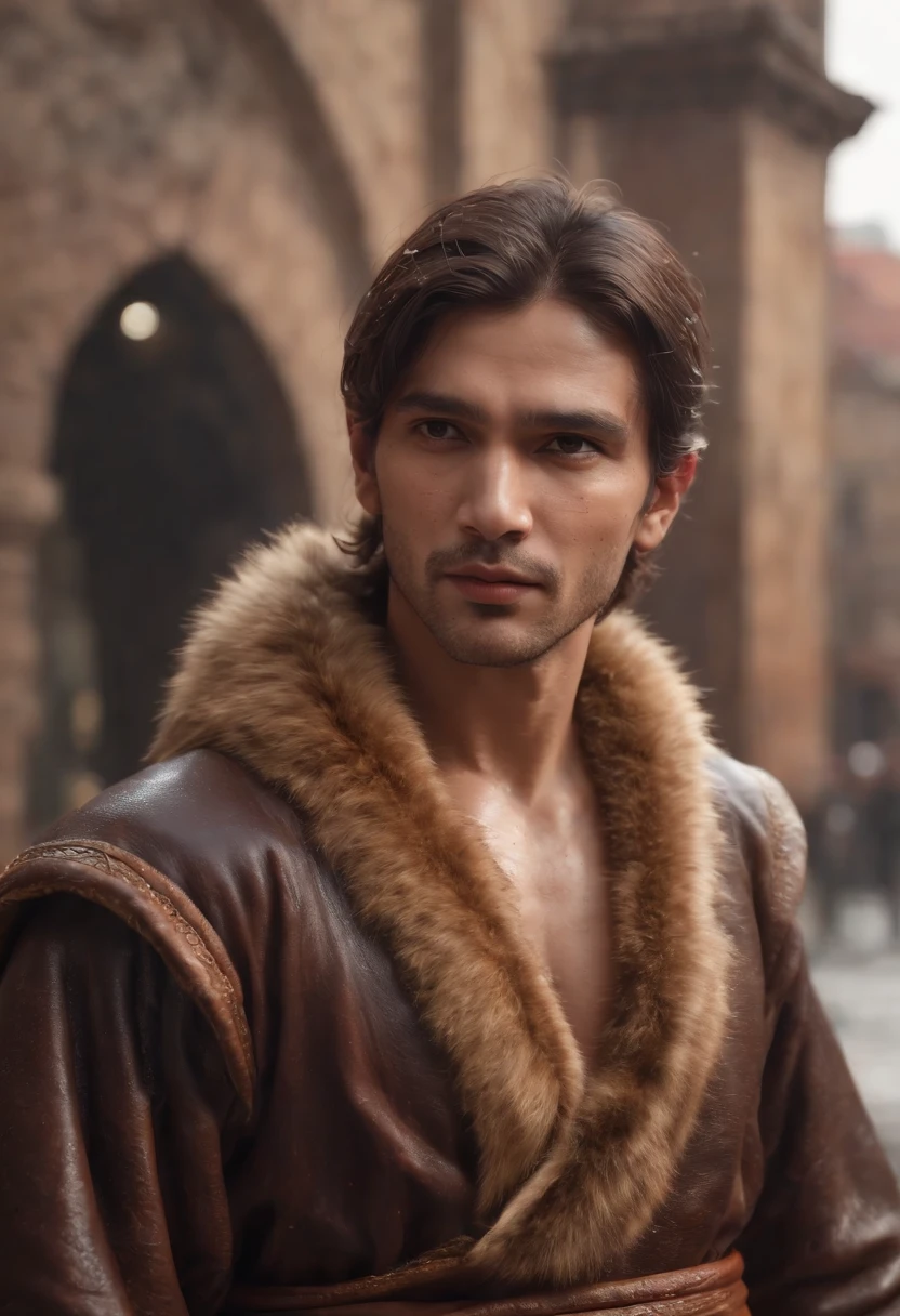 an Indian king, in indian dress (Professional 3D rendering:1.3) by (Realistic:1.3) World's most beautiful art picture，Features soft, bright male heroes, ((Epic hero fantasy rough muscular man wet hero angry look long hair short beard and fierce expression in dynamic pose, wearing a golden robe, fantastic location, majestic cluttered environment)), full body 8k unit render, action shot, skin pores, very dark lighting, heavy shading, detailed, Detailed face, (vibrant, photorealistic, Realistic , Dramatic, Dark, sharp focus, 8k), (Old leather clothes damaged by bad weather:1.4), ((((Use furs)))), (intricate:1.4), decayed, (highly detailed:1.4), painting digital, rendering by octane, art stations, Concept-Art, smooth, sharp focus, illustration, germ of art, (Loish:0.23), Wlop Ilya Kuvshinov, and Greg Rutkowski and Alphonse Mucha Gracias, (global illumination, studiolight, Light Volumetric ), heavy rain, floating particles, scoundrel, fantasy, Eleven, full bodyesbian, ((Dark old city background:1.3)),CGSesociedade,art stations