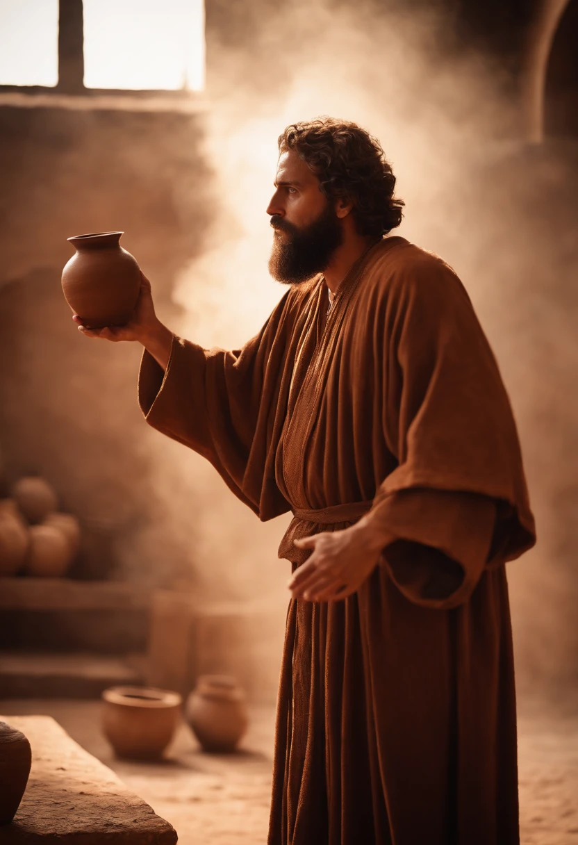 photorealism of a man in a brown robe throwing a clay vase, Philistine Greed Sermon, biblical photography, Epic biblical depiction, professional camera shot, biblical art style, biblical imagery,
