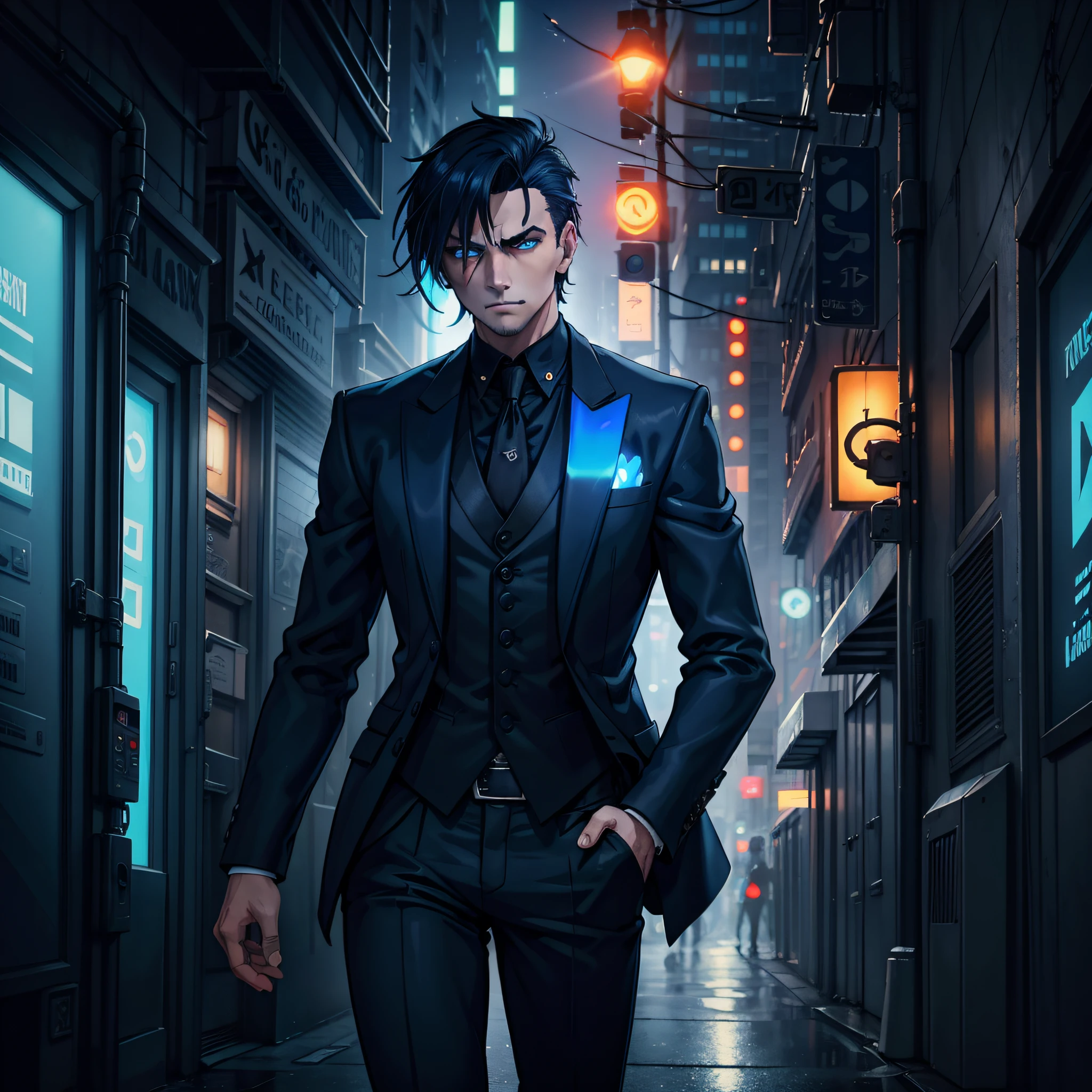 masterpiece, expressive clothing, expressive hair, expressive background, 1 male, short navy blue hair, cerulean eyes, dark blue tuxedo, black waistcoat, black pants, mature face, adult, serious, cyberpunk bg, neon lights bg, night time bg, empty streets bg, foggy bg