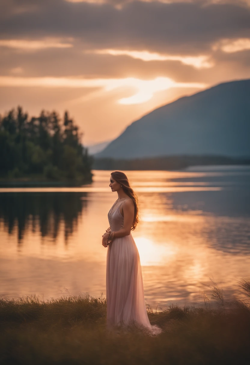 1 girl, Serene expression, mesmerizing eyes, straight long hair, floating dress, poised posture, Porcelain skin, Subtle blush, crystal pendant BREAK golden hour, (rim lit):1.2, Warm tones, Sun flare, Soft shadows, Vibrant colors, painterly effect, dreamy atmosphere BREAK scenic lake, Distant mountains, willowy, Calm water, Reflection, Sunlit clouds, tranquil ambiance, Idyllic sunsets, Ultra detailed, offcial art, Unity 8k wallpaper , zentangle, mandalas