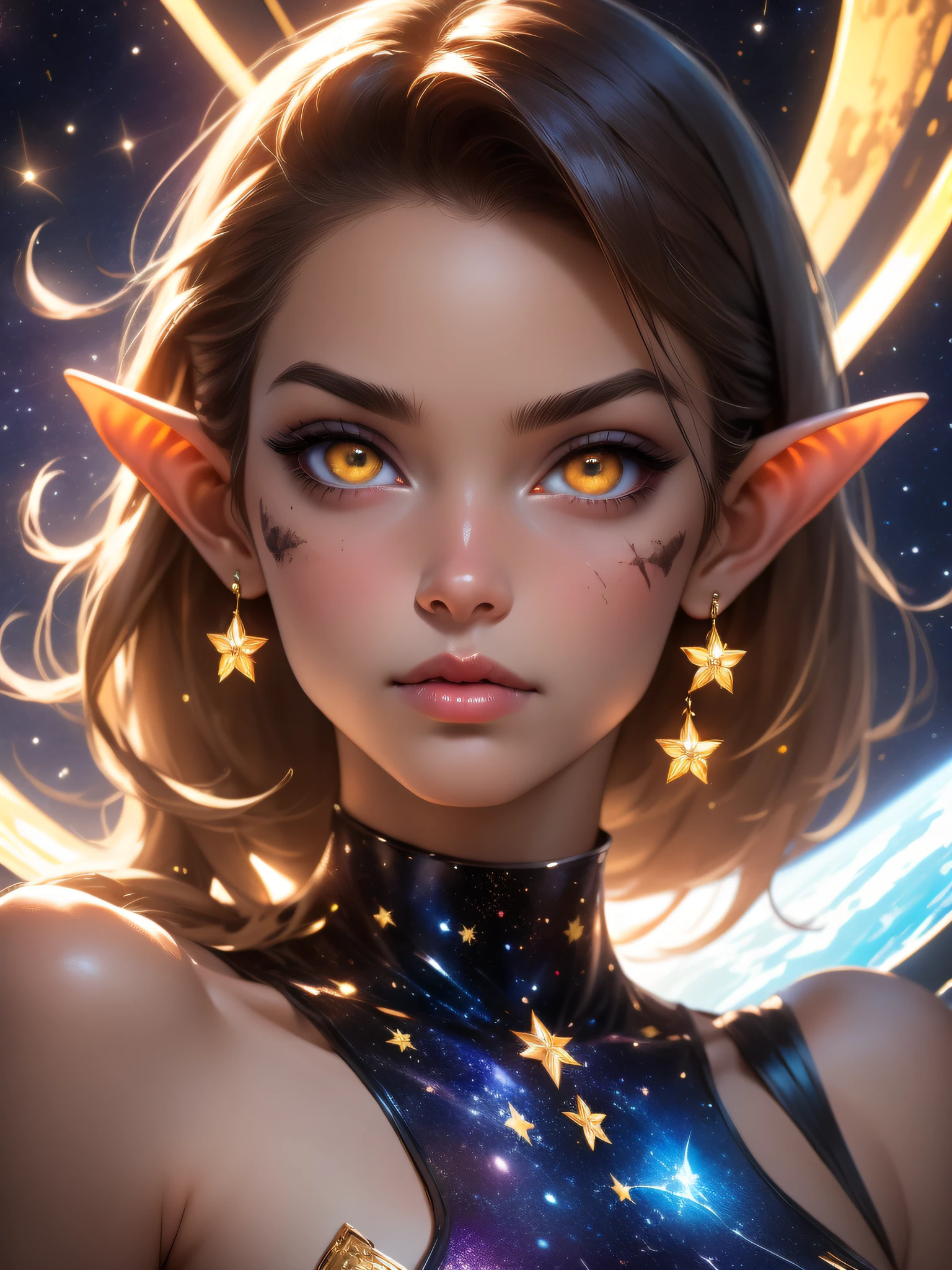 (masterpiece, best quality), spacecraft, flying, starry sky, moon, portrait, head focus, 1girl, solo, elaishasub, eshaleotard, elf, yellow eyes, mature looking at viewer, pout, smug, (jewelry, earrings), facial mark, toned