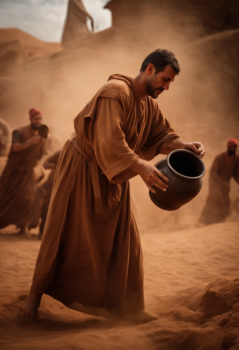 photorealism of a man in a brown robe throwing a clay pot to the ground, Philistine Greed Sermon, biblical photography, Epic biblical representation, professional camera shot, biblical art style, biblical imagery,