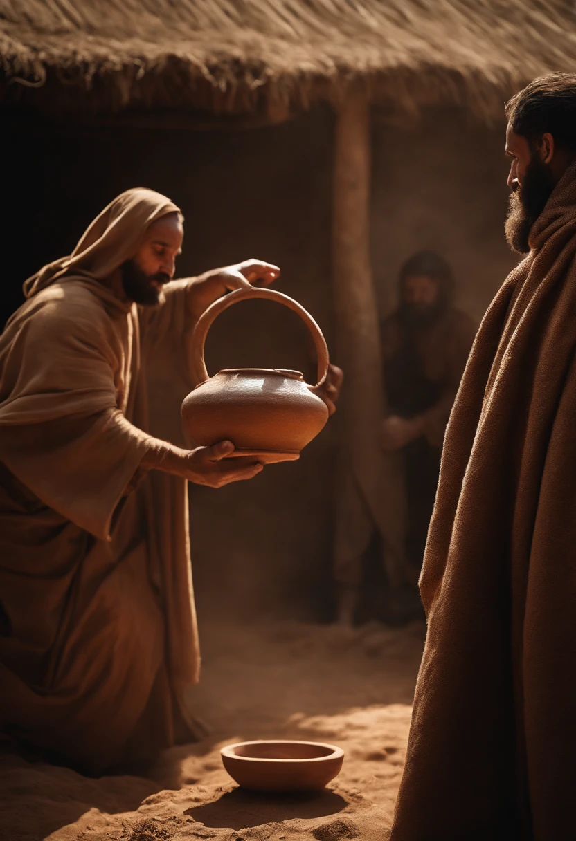 photorealism of a man in a brown robe throwing a clay pot to the ground, Philistine Greed Sermon, biblical photography, Epic biblical representation, professional camera shot, biblical art style, biblical imagery,