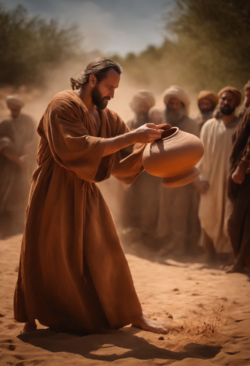 photorealism of a man in a brown robe throwing a clay pot to the ground, Philistine Greed Sermon, biblical photography, Epic biblical representation, professional camera shot, biblical art style, biblical imagery,