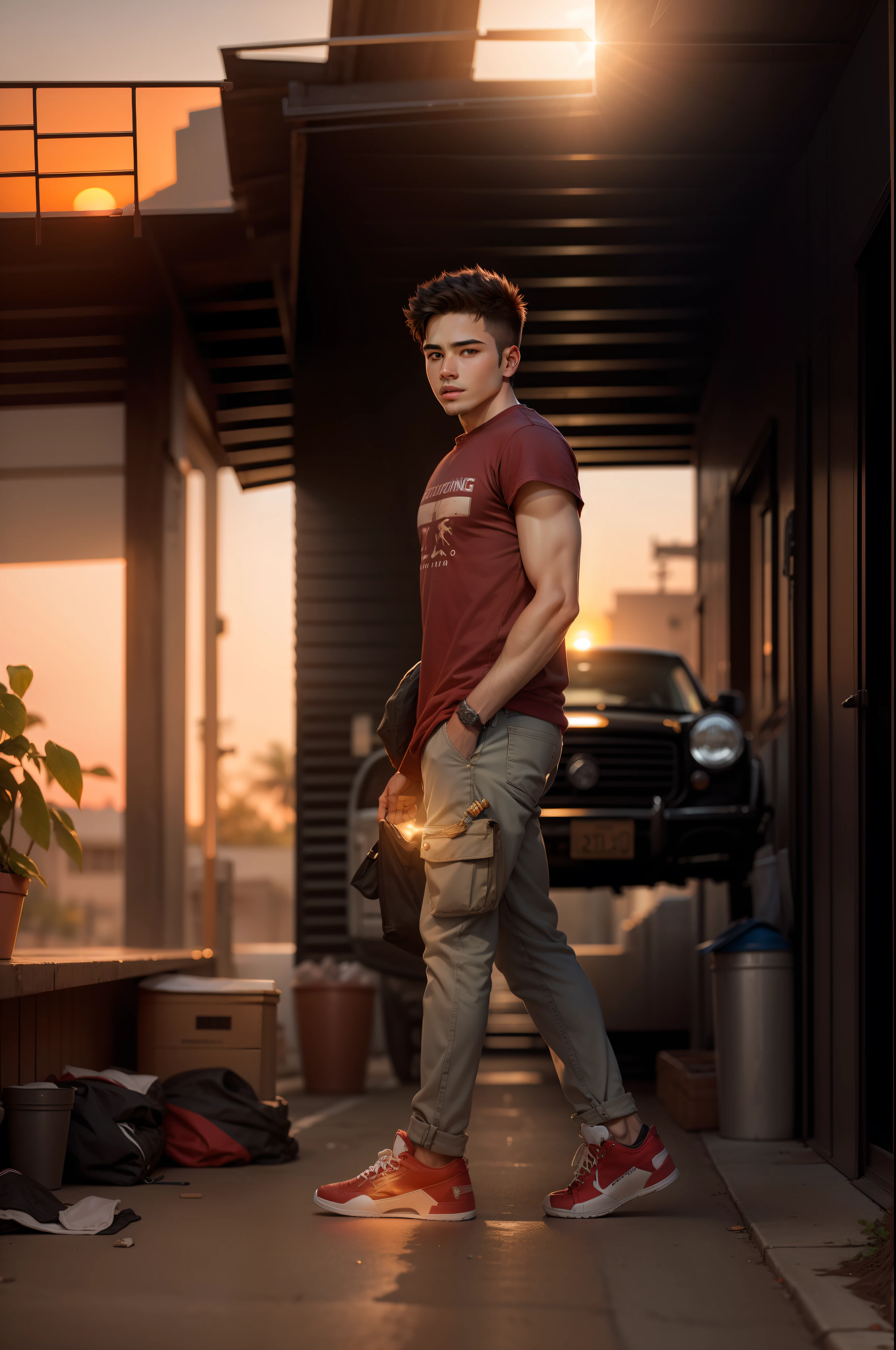 Change background sunset, realistic face, handsome boy