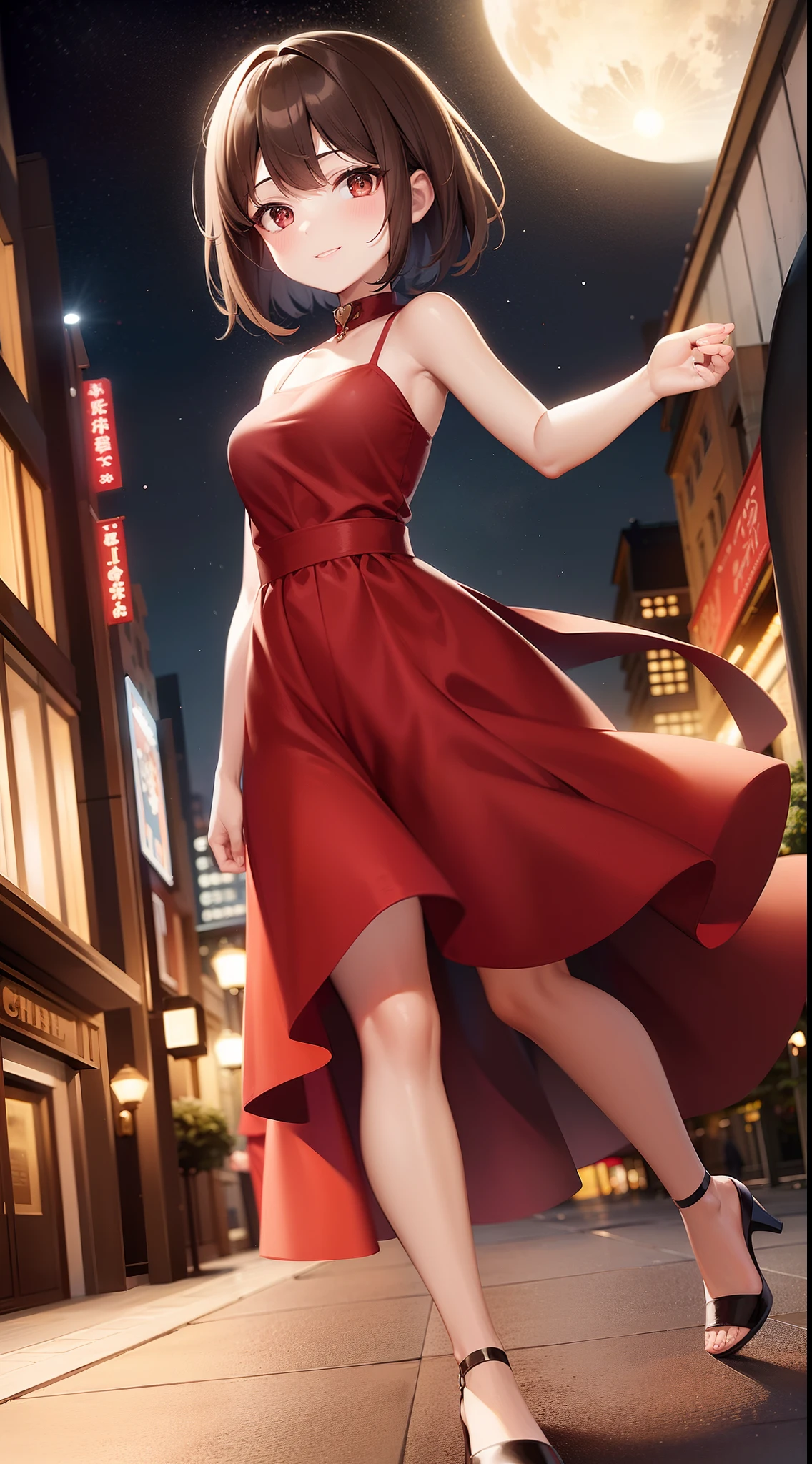 High quality, 8k, 1girl, alone, smile, short brown hair, brow eyes, wearing a long elegant red dress, city at night cenario, full moon behind, bright, walk, street