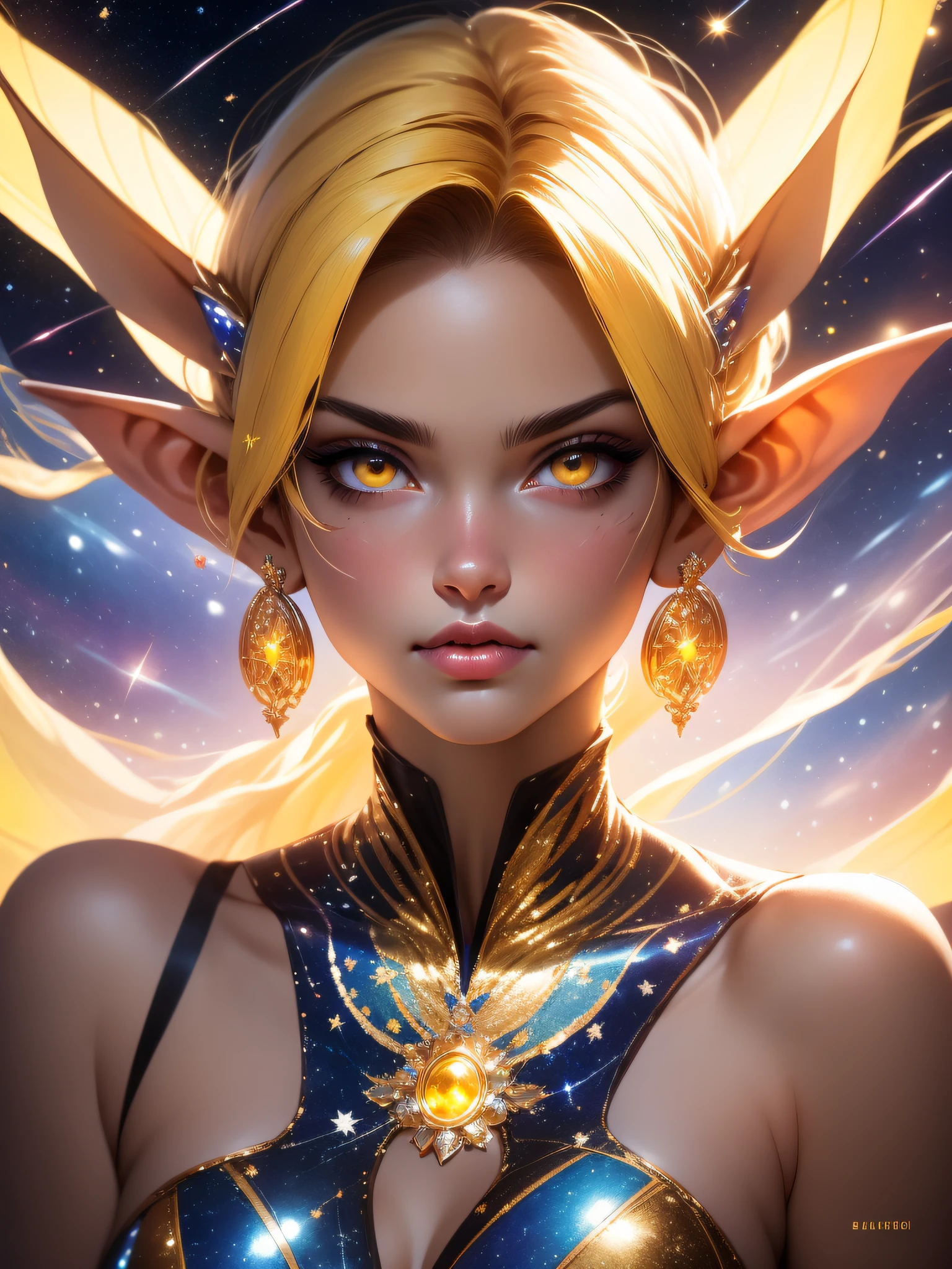(masterpiece, best quality), spacecraft, flying, starry sky, moon, portrait, head focus, 1girl, solo, elaishasub, eshaleotard, elf, yellow eyes, mature looking at viewer, pout, smug, (jewelry, earrings), facial mark, toned