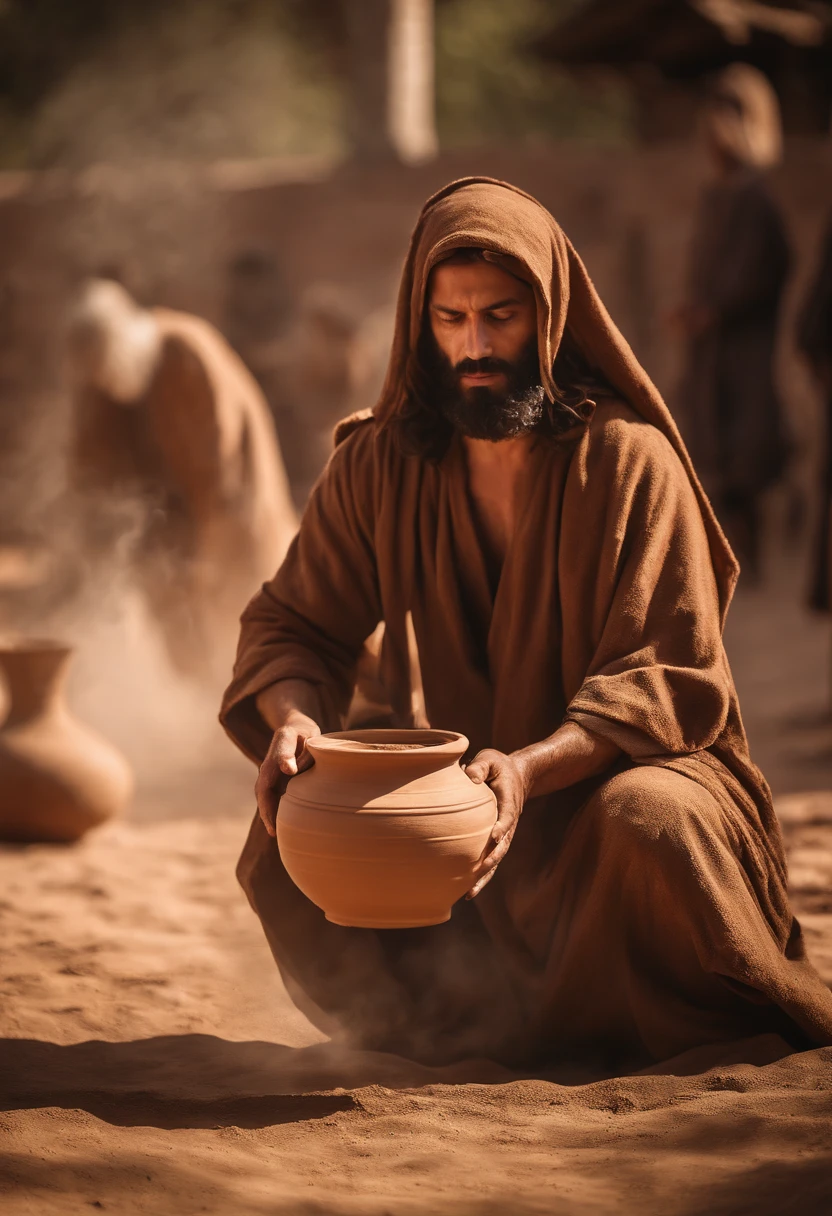 Photorealism of a man in a brown robe throwing a clay pot on the ground, sermon of philistine greed, Biblical Photography, epic biblical representation, professional camera photo, biblical art style, BIBLICAL IMAGES,