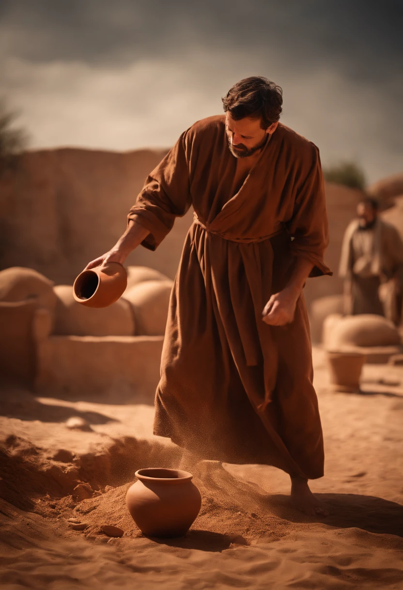Photorealism of a man in a brown robe throwing a clay pot on the ground, sermon of philistine greed, Biblical Photography, epic biblical representation, professional camera photo, biblical art style, BIBLICAL IMAGES,