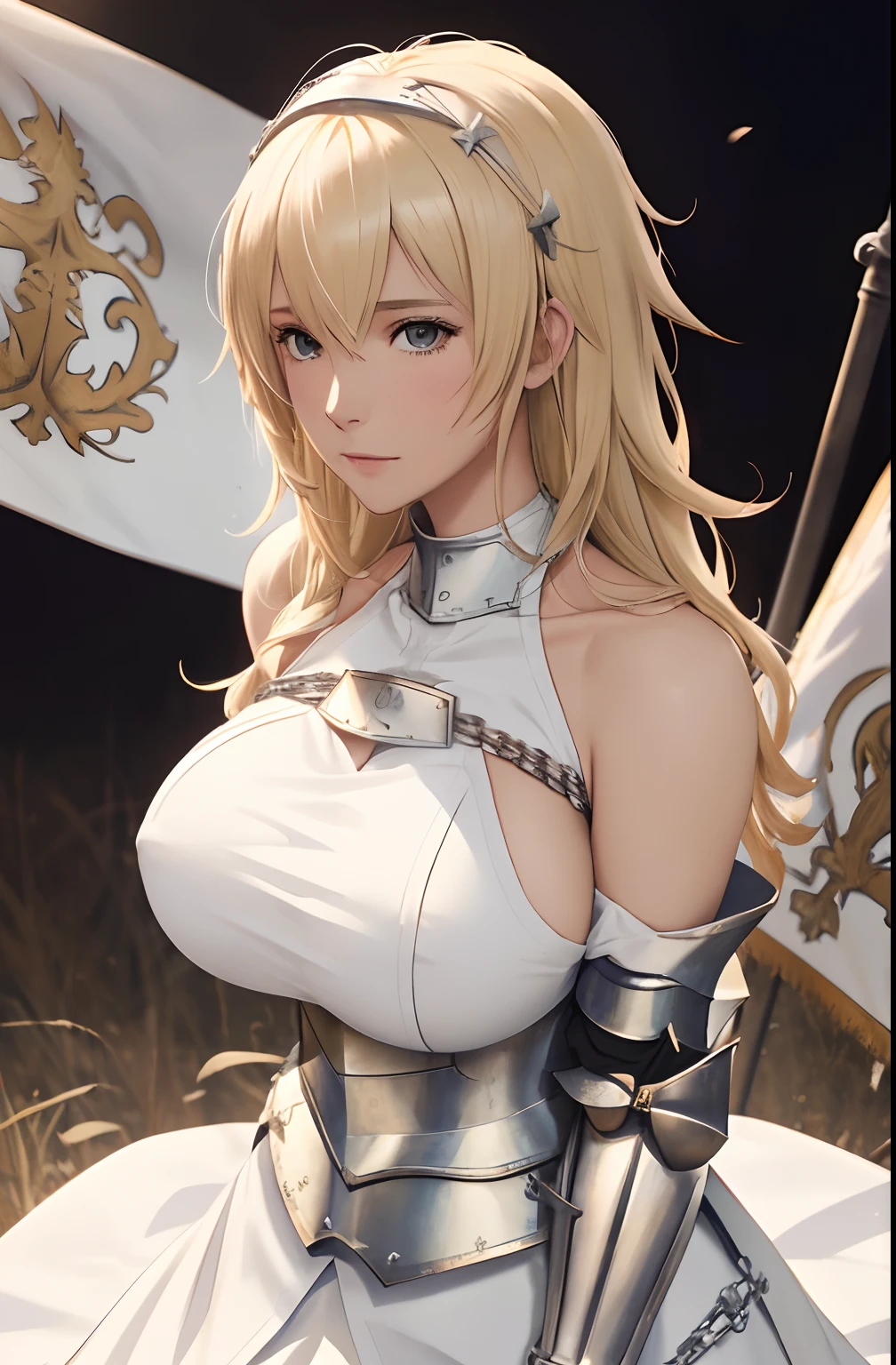 best quality, masterpiece,highly detailed,anime,1girl, adult face, mature face, mature female, mature woman, mature beauty, adult blonde, mature blonde,upper body,(jeanne d'arc),big breasts, large breasts, breast size 95cm, huge breasts, perfect face,blond hair,long hair,(white clothes),(bare shoulder),armored dress,no armor on breasts,breasts covered by white clothes from above,chain,headwear,flag,battlefield in background,depth of field,looking at viewer,cinematic lighting,