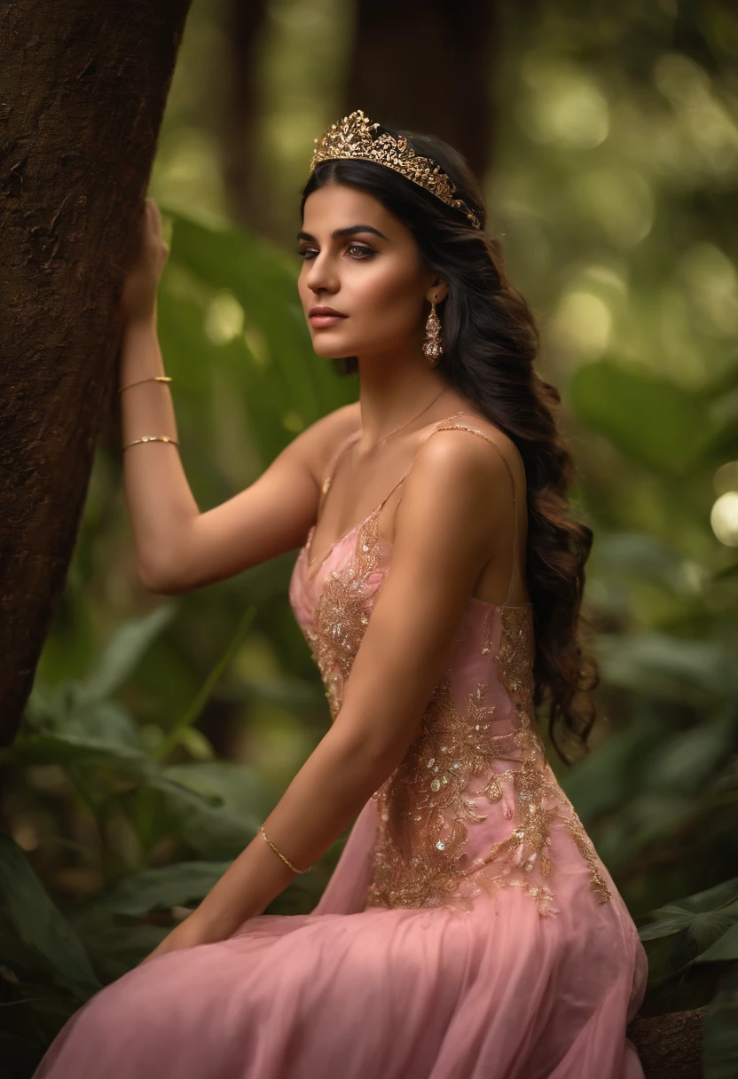Uma jovem ,longo vestido rosa, ajoelhada em uma floresta, with head tilted down , chora desesperadamente, His hands cover his tear-soaked face, Golden rays of sunshine piercing through the trees illuminate the sobbing girl's pink dress , The vegetation surrounds the girl