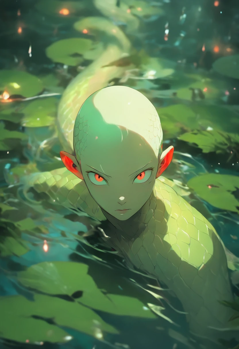 half body shot, hyper realistic photograph in a swamp, beautiful pale bald model with iridescent skin, skin that looks like glass, white albino python body moving in the water, dark surroundings, eerie atmosphere