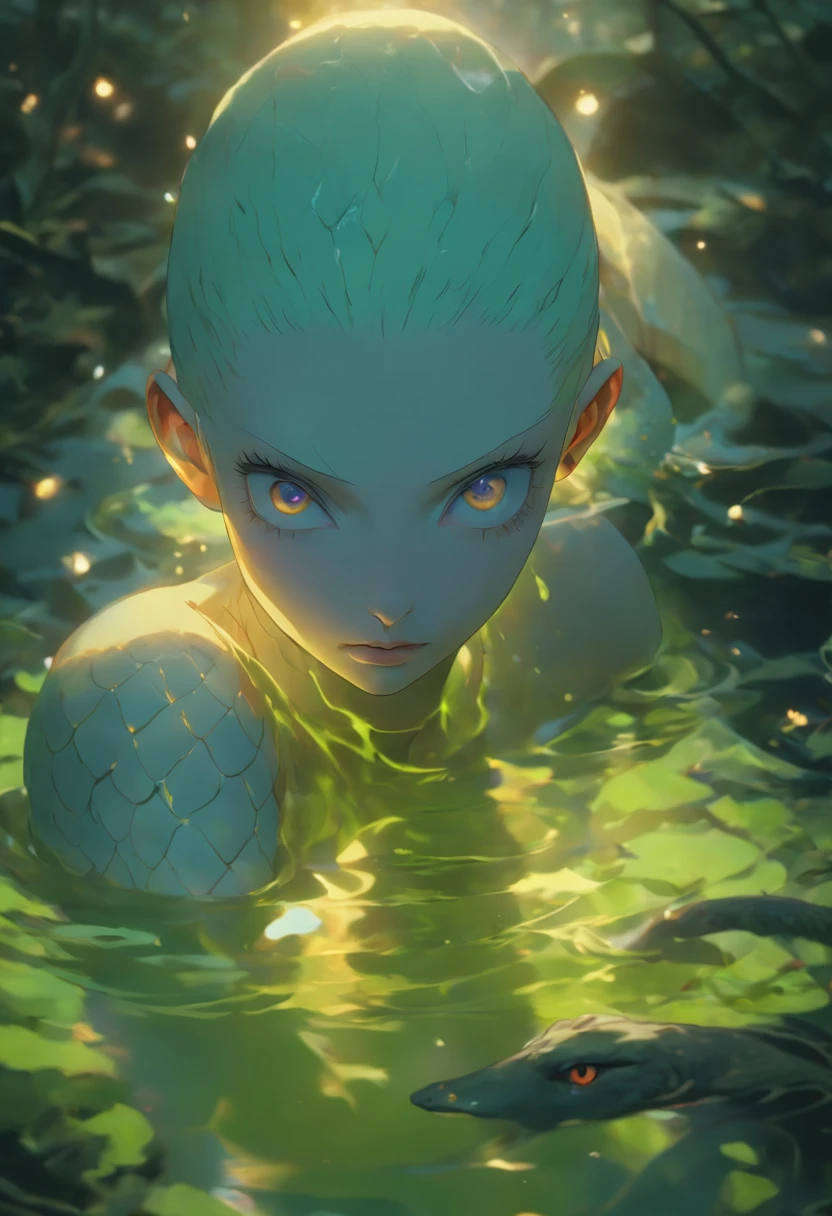 half body shot, hyper realistic photograph in a swamp, beautiful pale bald model with iridescent skin, skin that looks like glass, white albino python body moving in the water, dark surroundings, eerie atmosphere