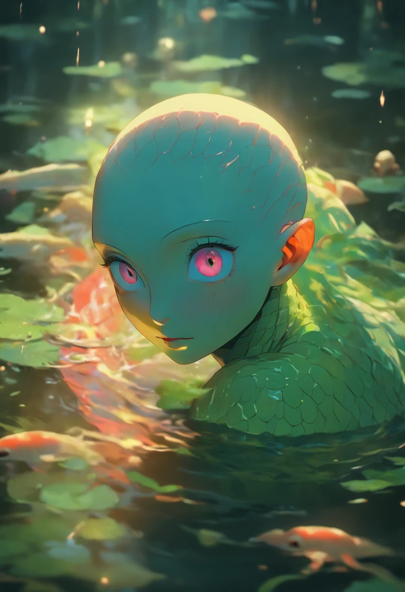 half body shot, hyper realistic photograph in a swamp, beautiful pale bald model with iridescent skin, skin that looks like glass, white albino python body moving in the water, dark surroundings, eerie atmosphere