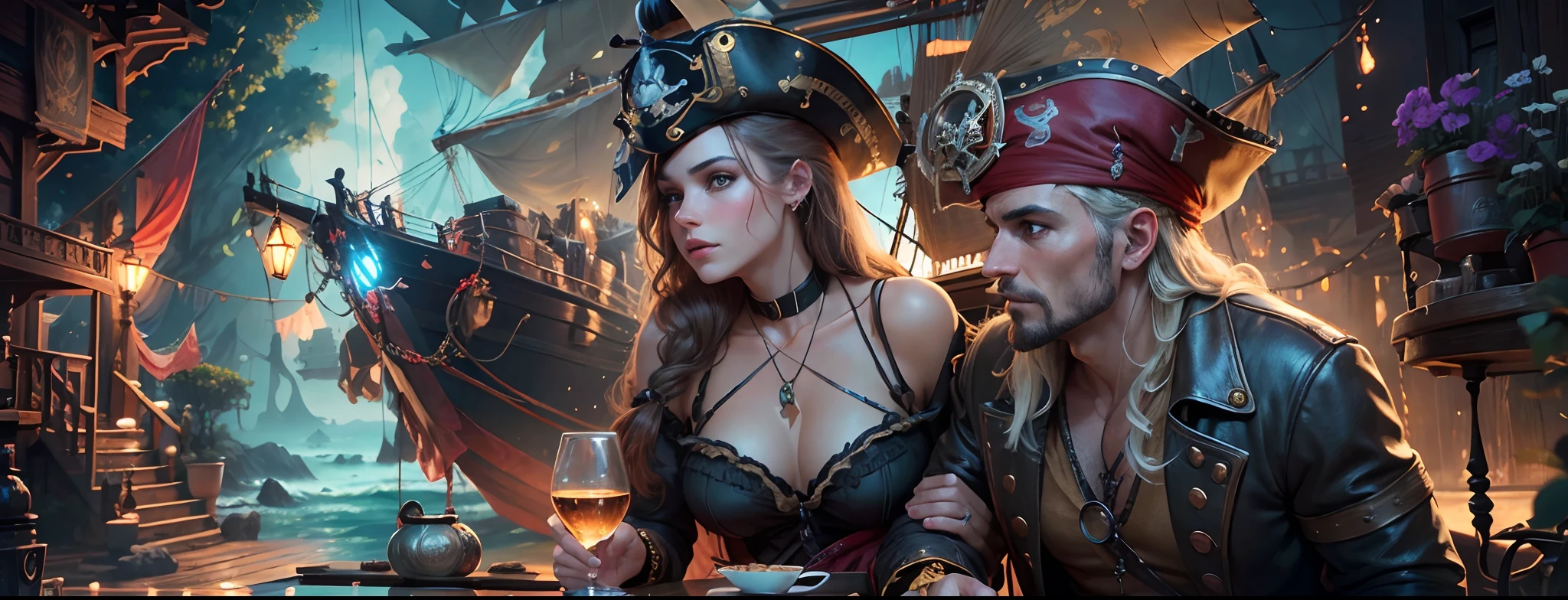 pirate wench,sexy and beautiful, detailed eyes and face,long eyelashes,seductive smile,wavy curly hair,flowing dress,leather corset,striking figure,sultry pose,luscious lips,lustrous skin,golden earrings and necklace,treasure chest,ship in the background,dramatic lighting,deep shadows,high contrast,rich colors,HDR,pirate-themed,photorealistic,romantic ambiance