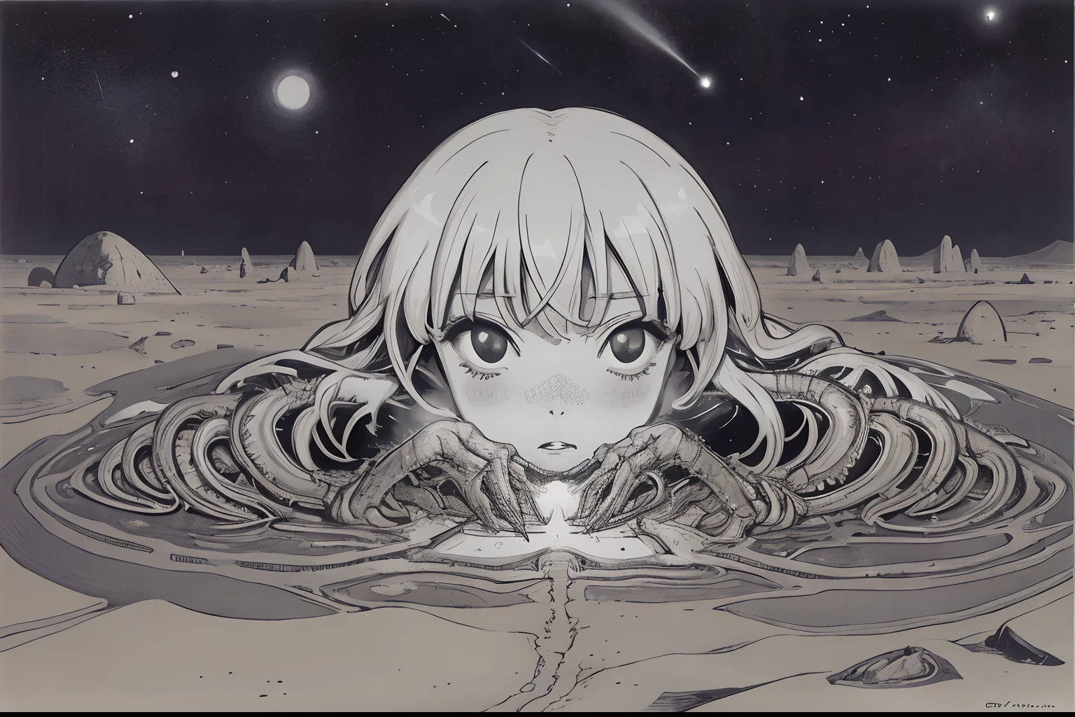 (superflat, flat shading, flat colors:1.1), 1girl, naked, nipple, lying in a desert, closeup face, anime, zdzislaw beksinski, jacek yerka, hr giger, kazimir malevich, cold, starry skies, cosmos, tribal, dark