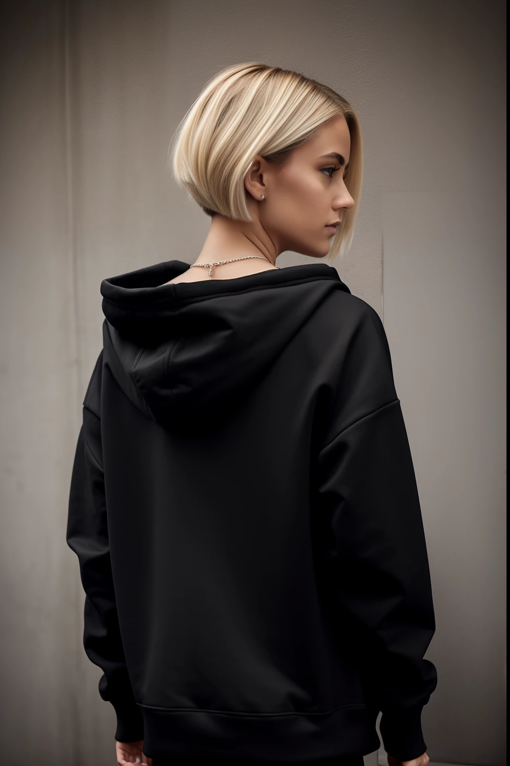 blonde girl with bob bob hairstyle in a black hoodie, standing with her back to the camera, in a black hoodie, in a black hoodie, black hoodie, a girl in a hoodie, Black Techie Hoodie, photograph of a techwear woman, In an oversized sweatshirt, Wearing a black hoodie, wearing a hoodie, seen from behind, black clothing, long shot from back, back - view