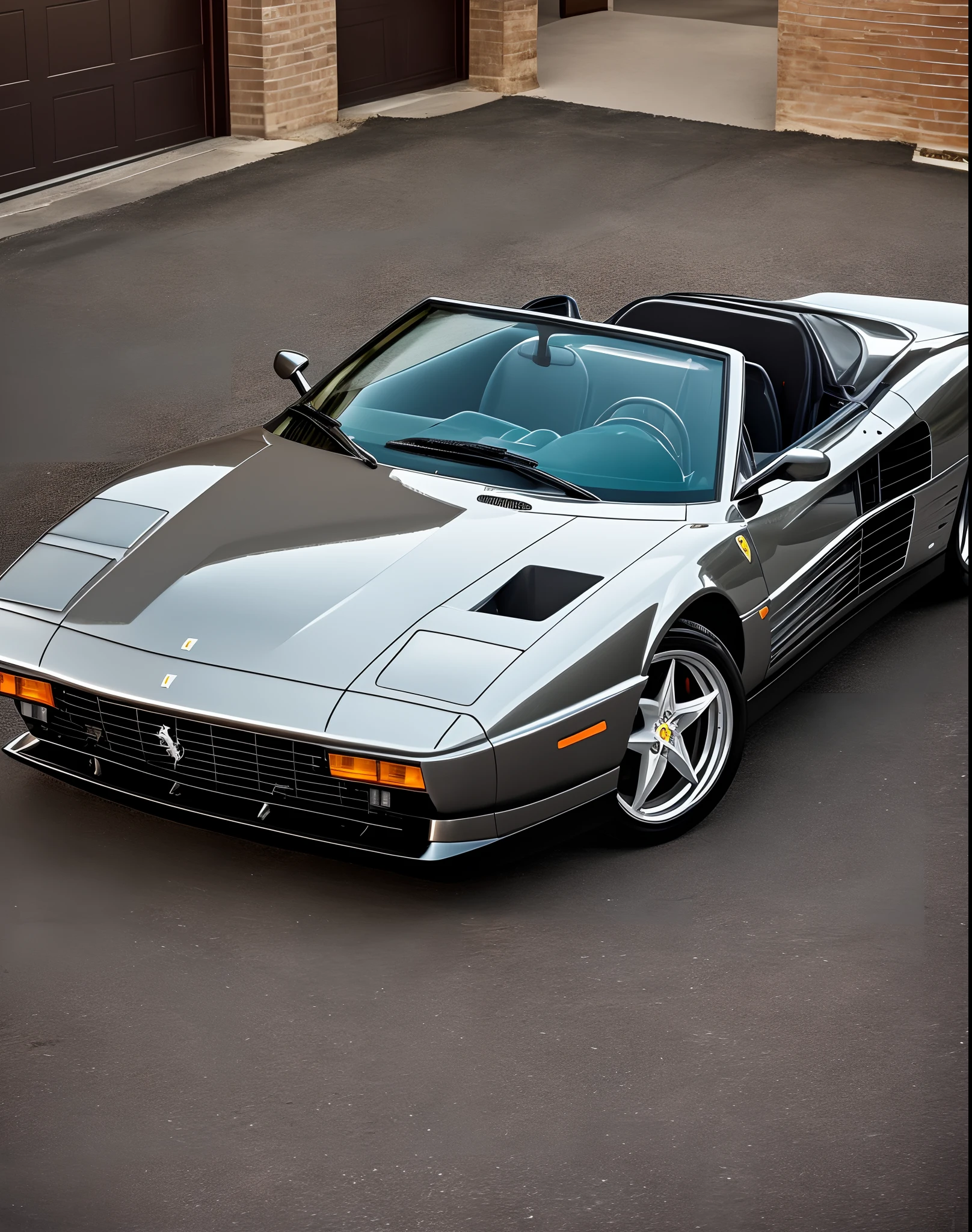 Ferrari testarossa, convertible. musclecar, bigger fenders, wide wheels, curvilinear body. metallic silver color. reflective, photorealism, inside a black and dark garage, poor lighting, camera full., film grain, cinematic lighting, high quality, super detail, anatomically correct, masterpiece. --auto --s2