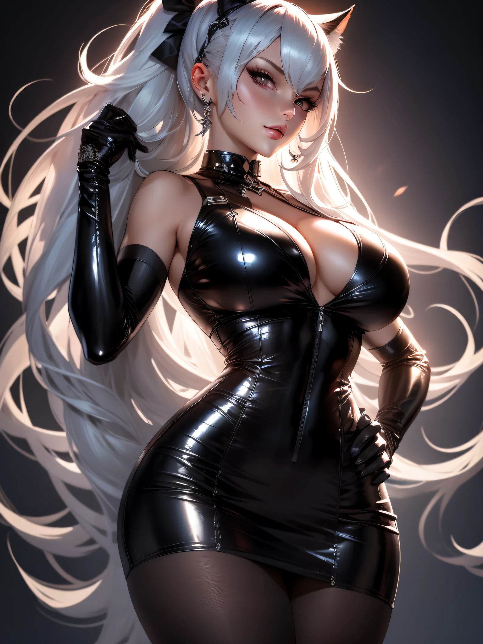full body photo of kronshtadt(azur lane) (sleeveless) black gloves, bra, pencil skirt, black belt, black skirt, black bra,1girl, hand on hip, high-waist skirt, solo,open clothes, skirt,gloves, seductive_smile, blush,gradient_background,shiny_skin, Massive breasts, deep cleavage, perfect breasts,Hourglass Body,Thin waist(extremely detailed face), Intricate, High Detail, Sharp focus,Perfect lighting,perfect shadows, dramatic,photorealistic:1.4),ultra-detailed,(beautiful face,detailed skin,detailed eyes:1)(dark eyeshadow) (realistic pupils,realistic iris:1) (background empty hospital)
