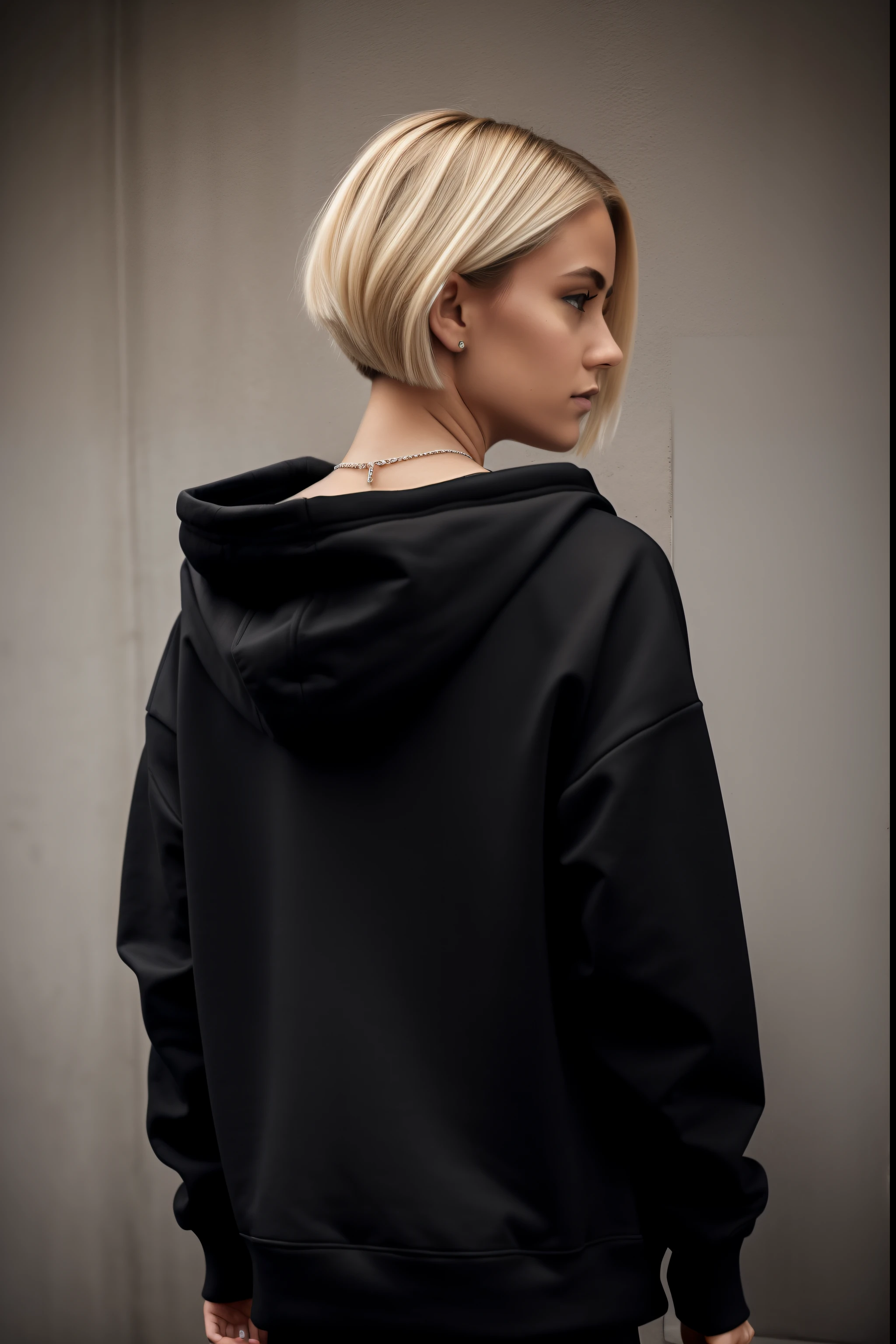 blonde girl with bob bob hairstyle in a black hoodie, standing with her back to the camera, in a black hoodie, in a black hoodie, black hoodie, a girl in a hoodie, Black Techie Hoodie, photograph of a techwear woman, In an oversized sweatshirt, Wearing a black hoodie, wearing a hoodie, seen from behind, black clothing, long shot from back, back - view