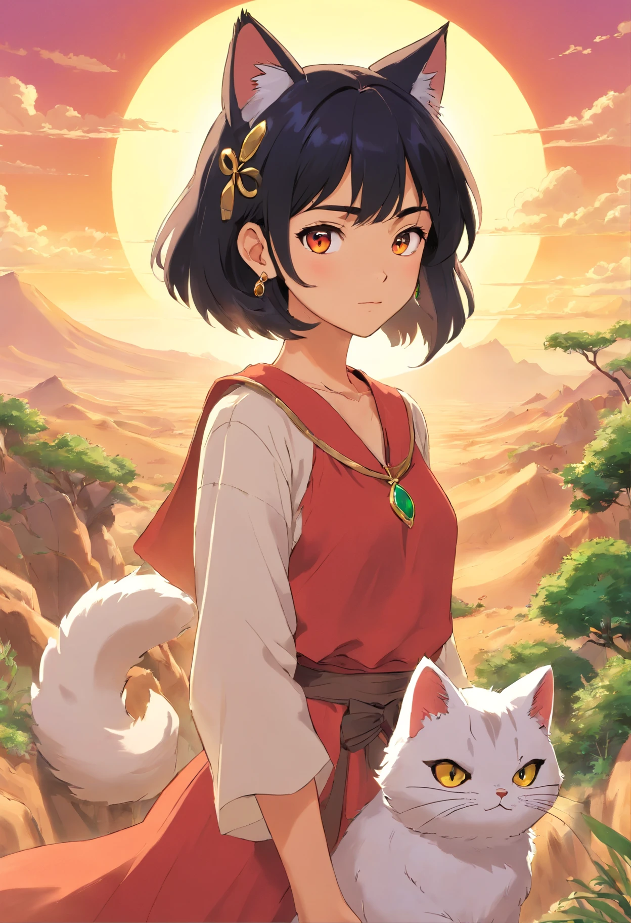 Girl in anime collar, Long necklace and earrings made of gold with emeralds, Jewelry in the hands of a girl, in the style of calm desert landscapes, Colorful animated footage, black hair, red-eyes, , Cat style, (Girl's cat ears), (Cat's tail girl), Look surprise, dark skin color, Clothes of the Princess of Egypt, Successful pose