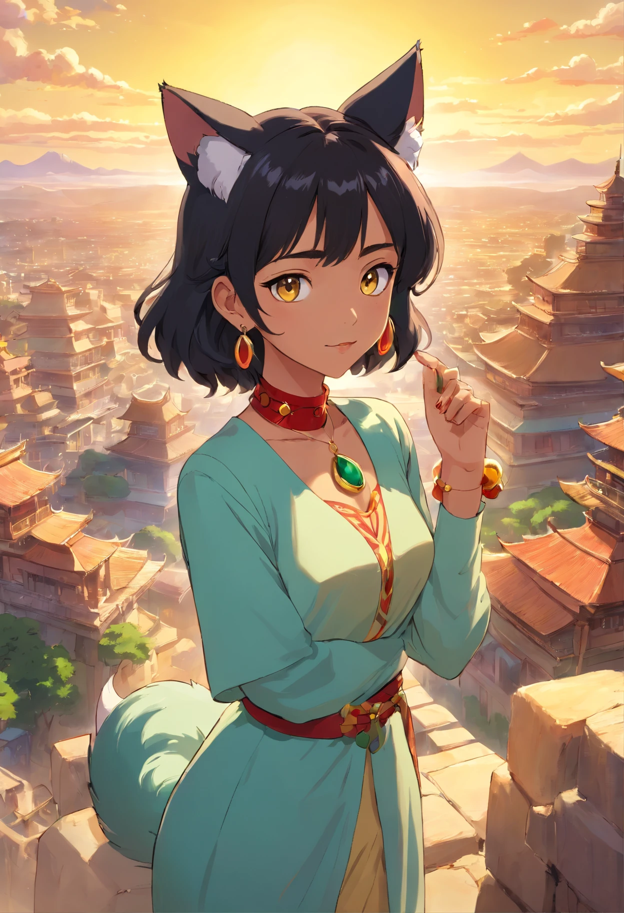 Girl in anime collar, Long necklace and earrings made of gold with emeralds, Jewelry in the hands of a girl, in the style of calm desert landscapes, Colorful animated footage, black hair, red-eyes, , Cat style, (Girl's cat ears), (Cat's tail girl), Look surprise, dark skin color, Clothes of the Princess of Egypt, Successful pose