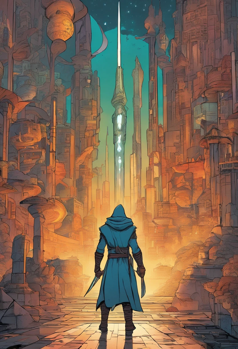 Night scene in a fictional city. A hooded figure holds the Blade of Dimensions. The blade glows faintly.The hooded figure begins to draw a portal in the air with the blade. The portal is formed by magical light lines.O portal se abre e revela um mundo paralelo cheio de criaturas estranhas e paisagens surreais.The guardian enters the portal and finds a stunning scenery, with floating mountains and friendly creatures.The guardian faces a challenge in this strange world, Using the blade to open new tactical portals.The guardian finally returns to his own reality, Closing the portal behind you.The guardian walks back to the city, the blade still glowing faintly.Agora, All panels are in a single text, ready to be used in the creation of comics.