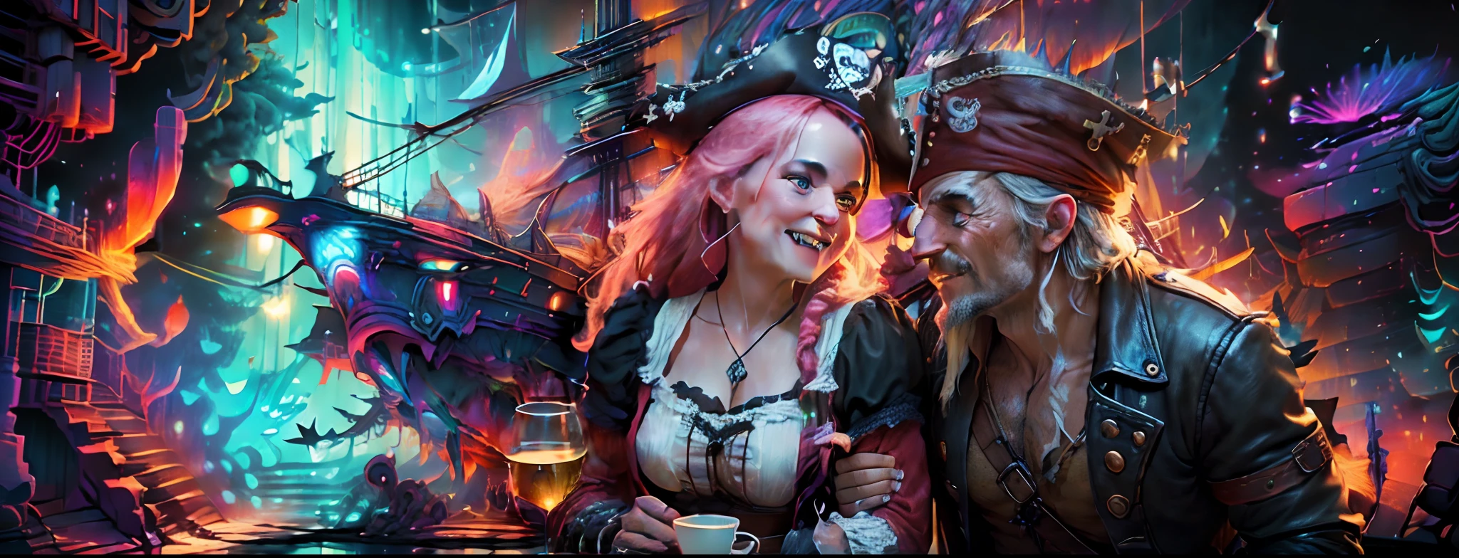 Under the cover of night, let the black light reveal a hidden world of enchantment and wonder. The weathered male pirate stands amidst a sea of pirate wenches, their arms entwined, as vivid 3D images come alive with psychedelic colors. The tavern and ships in the background transform into a mesmerizing spectacle, pulsating with vibrant hues that dance and swirl. Let yer brushstroke unleash the magic of this nocturnal scene, where reality and imagination intertwine. Set yer camera to capture this masterpiece in the best quality, 4k, high-res, and let the black light reveal the extraordinary beauty of this pirate's dream, me matey!