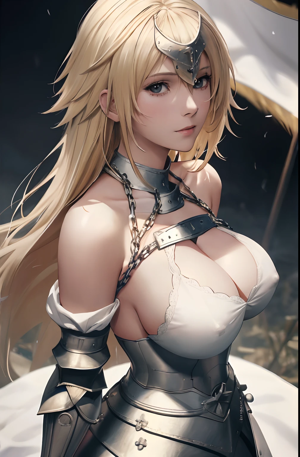 best quality, masterpiece,highly detailed,anime,1girl, adult face, mature face, mature female, mature woman, mature beauty, adult blonde, mature blonde,upper body,(jeanne d'arc),big breasts, large breasts, breast size 95cm, huge breasts, perfect face,blond hair,long hair,(white clothes),(bare shoulder),armored dress,no armor on breasts,breasts covered by white clothes from above,chain,headwear,flag,battlefield in background,depth of field,looking at viewer,cinematic lighting, tit fuck from side, paizuri from side,