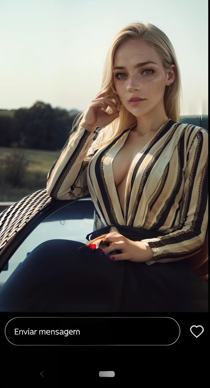 Rosto de uma mulher, americana, 25 s, pale skin and freckles, olhos cinzas, nariz delicado, soft and delicate lips, cabelo blondie cinza longos e ondulados