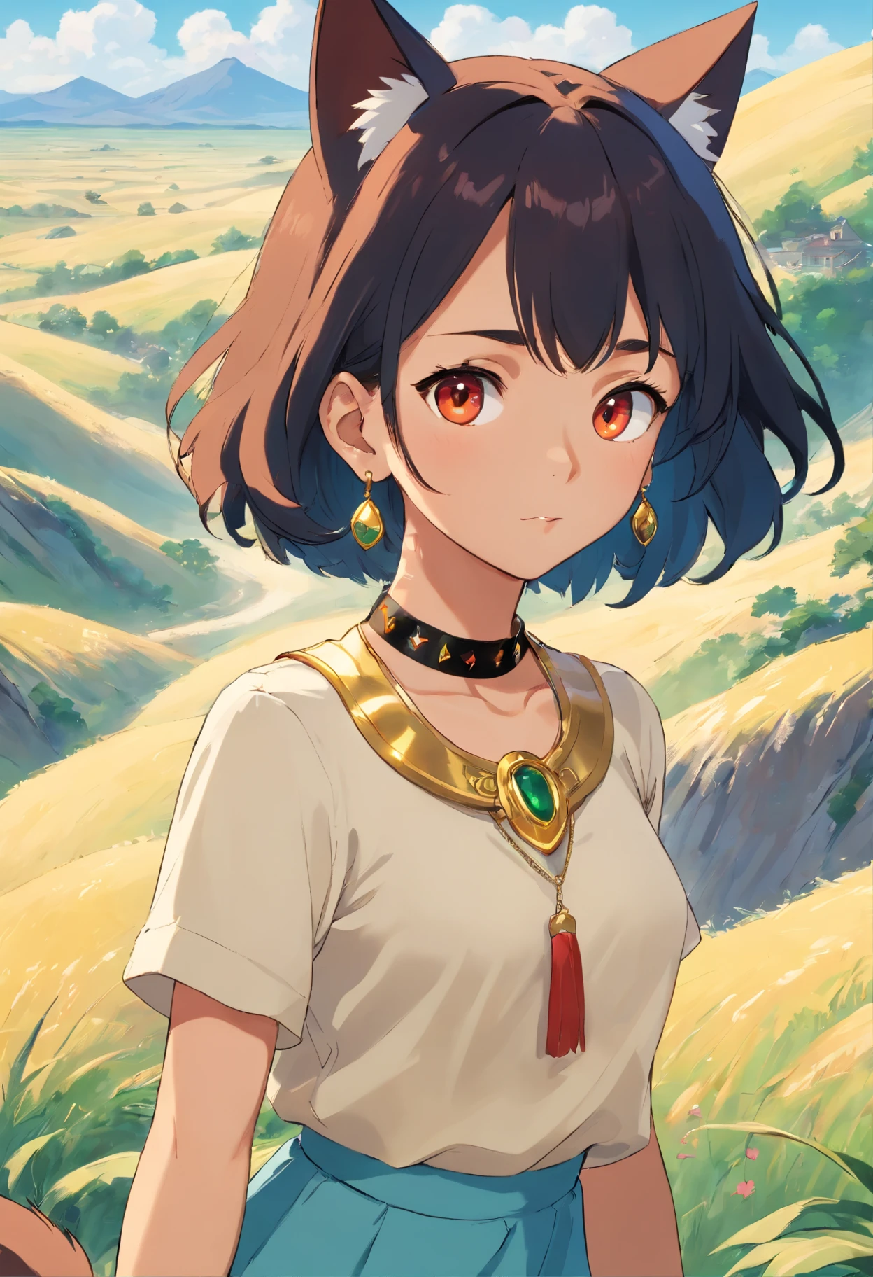 Girl in anime collar, Long necklace and earrings made of gold with emeralds, Jewelry in the hands of a girl, in the style of calm desert landscapes, Colorful animated footage, black hair, red-eyes, , Cat style, (Girlish cat ears), (Girl's cat's tail), Look Surprise, dark skin color, Clothes of the Yegipetsk princess