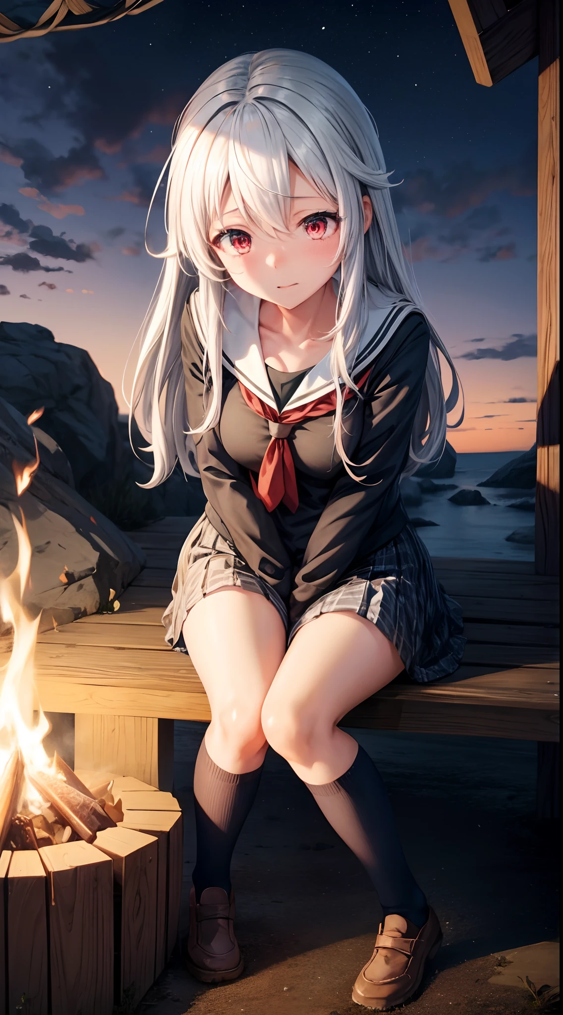 anime girl next to a campfire, a hyperrealistic schoolgirl, realistic schoolgirl, anime girl has white hair and red eyes, beautiful anime girl, [ 4 k digital art ], kantai collection style, female protagonist 👀 :8, school girl, guweiz, kawacy, smooth anime cg art, night sky, sitting on the ground, the girl should be put a little bit far in the picture