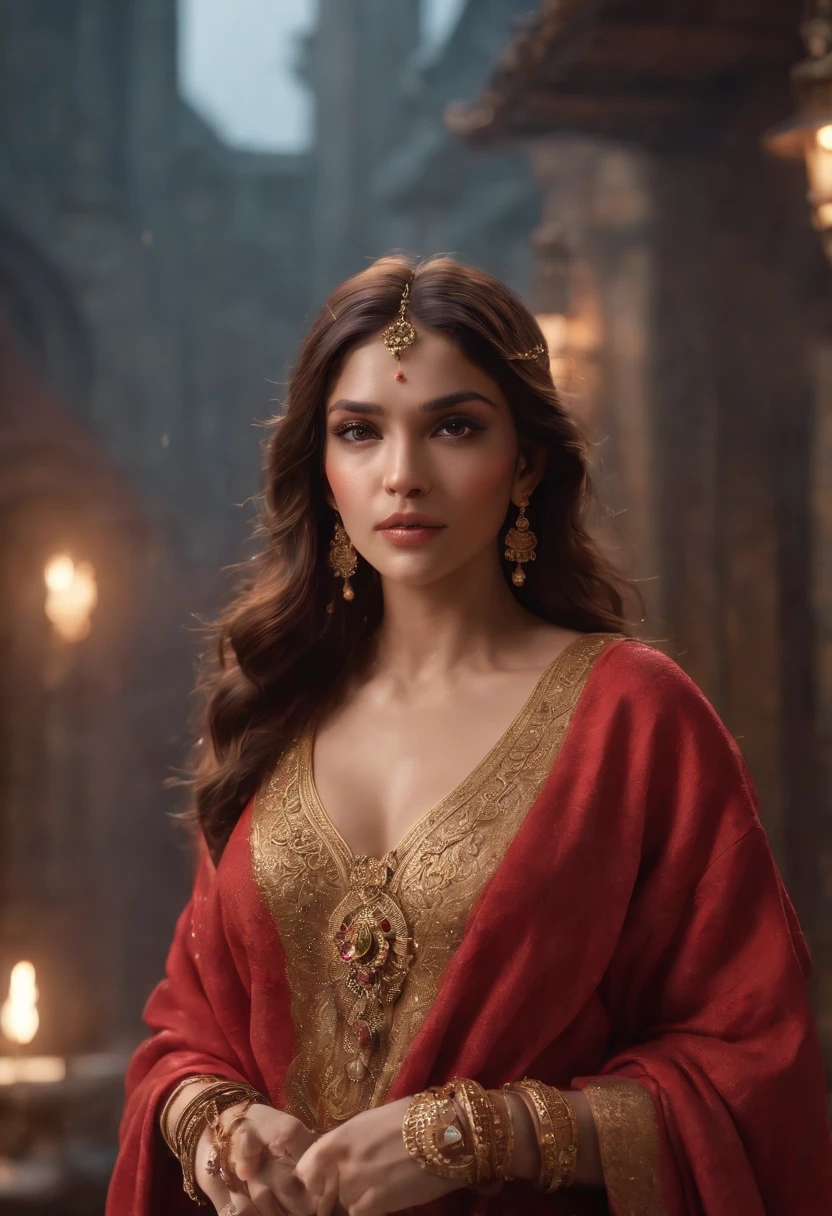 an Indian king, in Indian dress (Professional 3D rendering:1.3) by (Realistic:1.3) World's most beautiful art picture,Features soft, dark complexation male heroes, ((Epic hero fantasy rough muscular man wet hero angry look long hair long beard and fierce expression in dynamic pose, wearing a red robe, inside a kings chamber, burning lights in the background, majestic environment)), full body 8k unit render, action shot, skin pores, very dark lighting, heavy shading, detailed, Detailed face, (vibrant, photorealistic, Realistic , Dramatic, Dark, sharp focus, 8k), (red and golden cloths with heavy jewelry r:1.4), (intricate:1.4), decayed, (highly detailed:1.4), painting digital, rendering by octane, art stations, Concept-Art, smooth, sharp focus, illustration, germ of art, (Loish:0.23), Wlop Ilya Kuvshinov, and Greg Rutkowski and Alphonse Mucha Gracias, (global illumination, studiolight, Light Volumetric ), heavy rain, floating particles, scoundrel, fantasy, Eleven, full bodyesbian, ((Dark old city background:1.3)),CGSesociedade,art stations