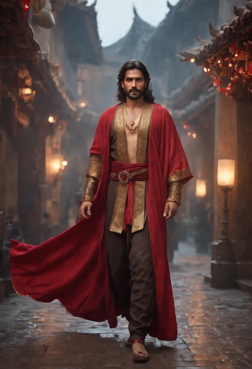 an Indian king, in Indian dress (Professional 3D rendering:1.3) by (Realistic:1.3) World's most beautiful art picture,Features soft, dark complexation male heroes, ((Epic hero fantasy rough muscular man wet hero angry look long hair long beard and fierce expression in dynamic pose, wearing a red robe, inside a kings chamber, burning lights in the background, majestic environment)), full body 8k unit render, action shot, skin pores, very dark lighting, heavy shading, detailed, Detailed face, (vibrant, photorealistic, Realistic , Dramatic, Dark, sharp focus, 8k), (red and golden cloths with heavy jewelry r:1.4), (intricate:1.4), decayed, (highly detailed:1.4), painting digital, rendering by octane, art stations, Concept-Art, smooth, sharp focus, illustration, germ of art, (Loish:0.23), Wlop Ilya Kuvshinov, and Greg Rutkowski and Alphonse Mucha Gracias, (global illumination, studiolight, Light Volumetric ), heavy rain, floating particles, scoundrel, fantasy, Eleven, full bodyesbian, ((Dark old city background:1.3)),CGSesociedade,art stations