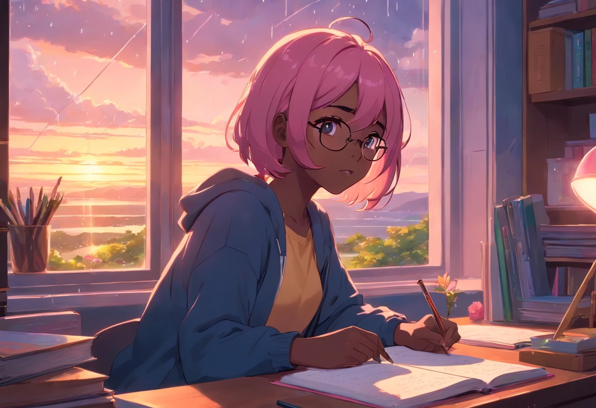 Lia a girl with pink hair, (dark skin), curly hair, studying in her peach pastel room, cozy study desk, glasses, large window overlooking beautiful nature scenery, (staring at the scenery), floral notebooks, (raining), (dark skin), (sunrise time), (dark skin)