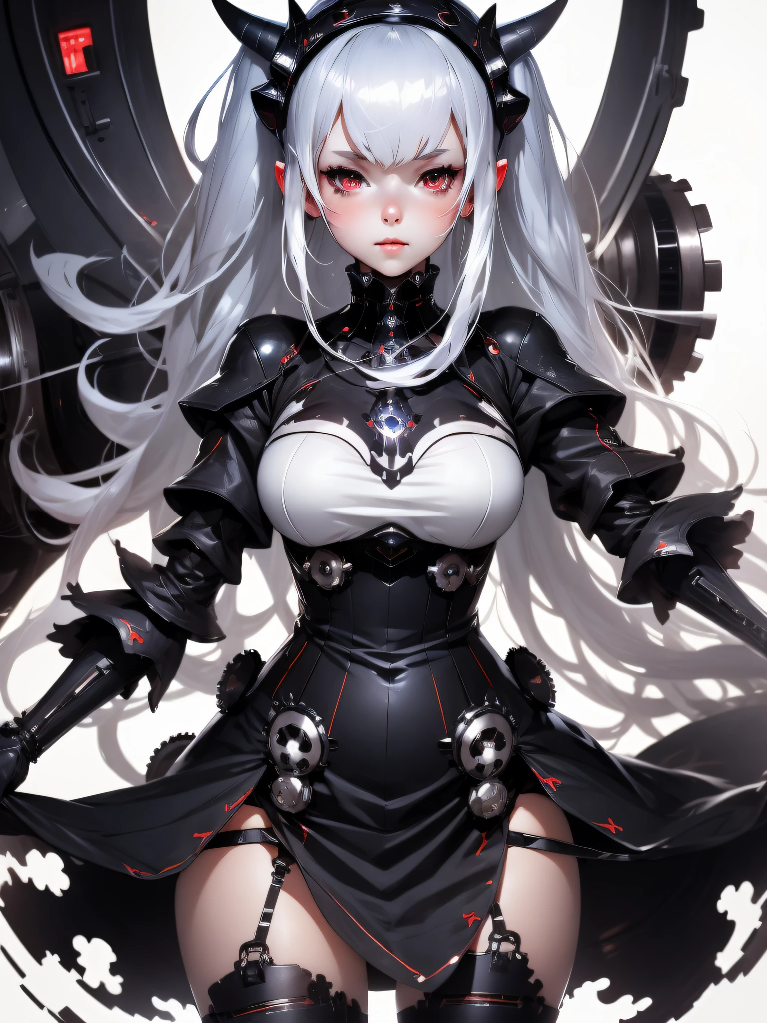 best quality, no eels, heavy cruiser princess, abyssal ship, 1girl, asymmetrical horns, mechanical parts, gears, cracked skin, center opening, empty background, white background,