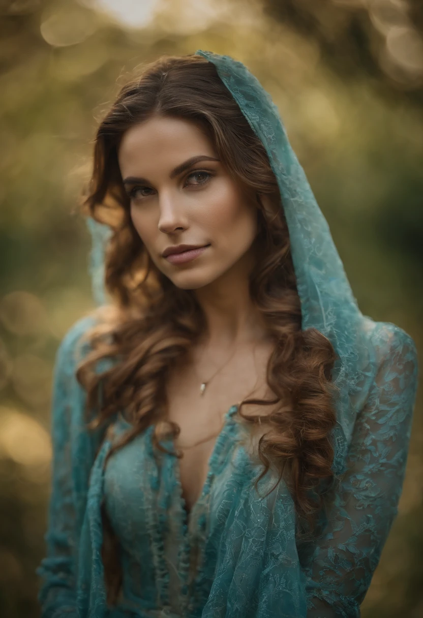 Jovem mulher de 25 anos,Com cabelo ruivo laranja longo e cacheado sedoso e macio,Olho azul detalhado e perfeito,com Sarda no rosto,Ultra Perfection,Pele branca,Olho azul claro,Qualidade de cinema,Vestindo um vestido verde agua longo hippie,Com uma flor natural detalhada e perfeita no cabelo,Em um lugar antigo,com quadros de bruxa,showing from head to torso,Ultra HD,Lighting perfeita,Mega HD,Ultra 4K