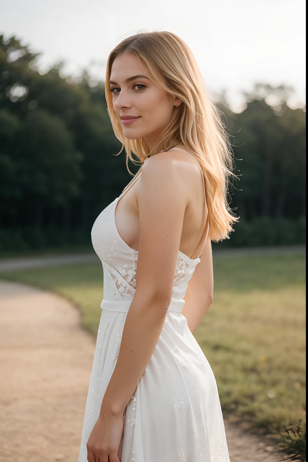 Hyper realistic and detailed full body photo of sexy swedish smiling women wearing slightly transparent white summer dress. autumn. Sun is shining. Perfect butt. Sharp light. perfect eyes, (Eye makeup:1.1), (highly detailed skin:1.1), RAW, analog style, sharp focus, 8k UHD, DSLR, high quality, Fujifilm XT3, grain, award winning, masterpiece.