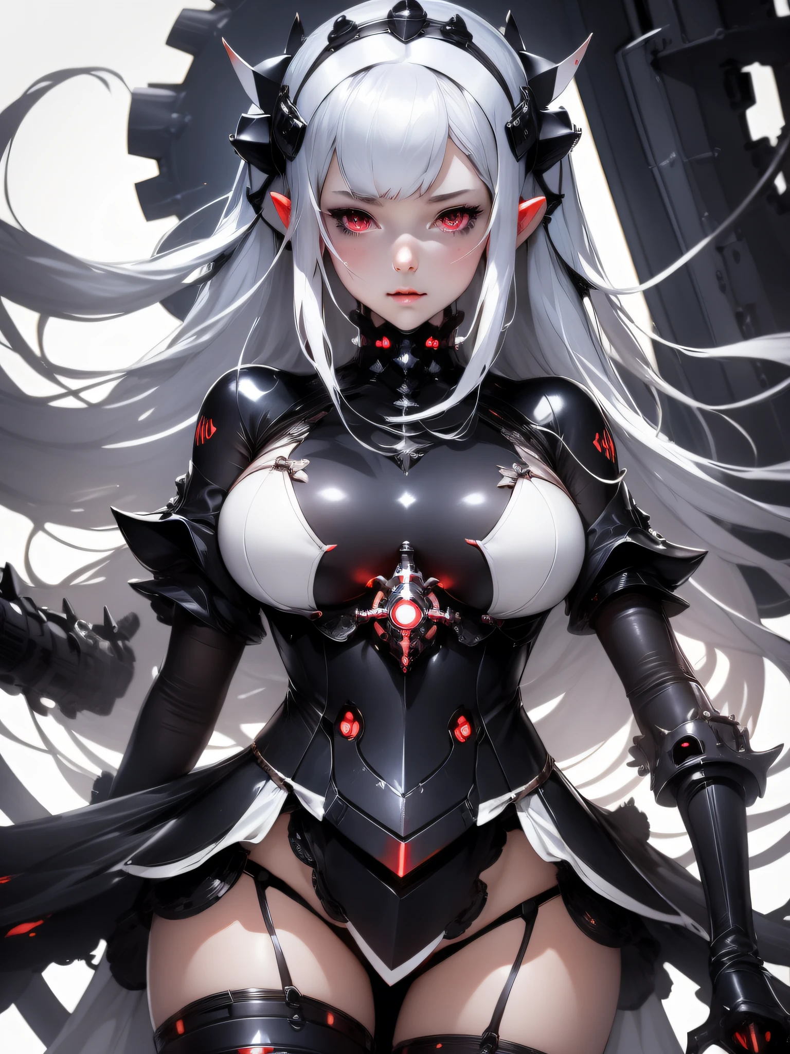 best quality, no eels, heavy cruiser princess, abyssal ship, 1girl, asymmetrical horns, mechanical parts, gears, cracked skin, center opening, empty background, white background,