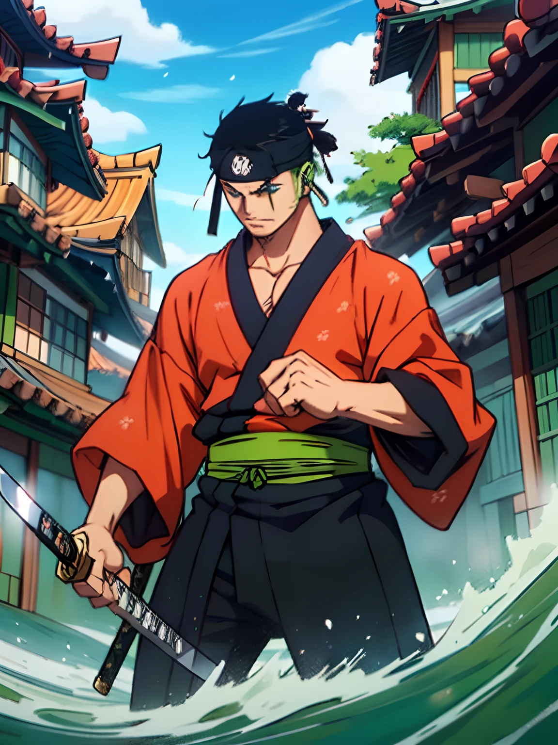 Roronoa Zoro (Masterpiece, 4k resolution, ultra-realistic, very detailed), (Theme of white samurai, charismatic, there is a swordsman next to a Japanese "isakaya" bar, wearing a red kimono with cloud details on the "obi" track, he is commander of the first division of the leader of the mugiwara band, work "One Piece"), [ ((19 years), (short green hair:1.2),  full body, (blue eyes:1.2), ((Roronoa Zoro's pose), show of strength, unsheathing with one hand his katanas enma), ((Japanese rural environment):0.8)| (rural landscape, at dusk, dynamic lights), (blinded sun)), 1 katana]. # Explanation: Prompt mainly describes a 4k painting of ultra-high definition, very realistic, very detailed. It shows a swordsman, master of the Santoryu style of katanas, wearing a red kimono with cloud details at the waist band. The subject in the painting is a subject of a white swordsman, holding with one hand his black katana enma, the male protagonist has short green hair, is 28 years old and his entire defined body is shown in the painting, with characteristics of pumped endomorph.