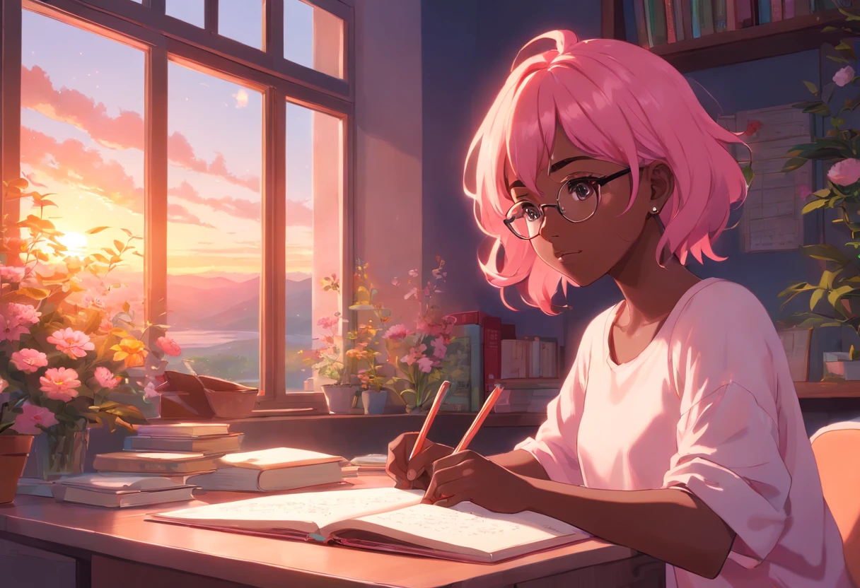 Lia a girl with pink hair, (dark skin), curly hair, studying in her peach pastel room, cozy study desk, glasses, large window overlooking beautiful nature scenery, (staring at the scenery), floral notebooks, (dark skin), (sunrise time), (dark skin)