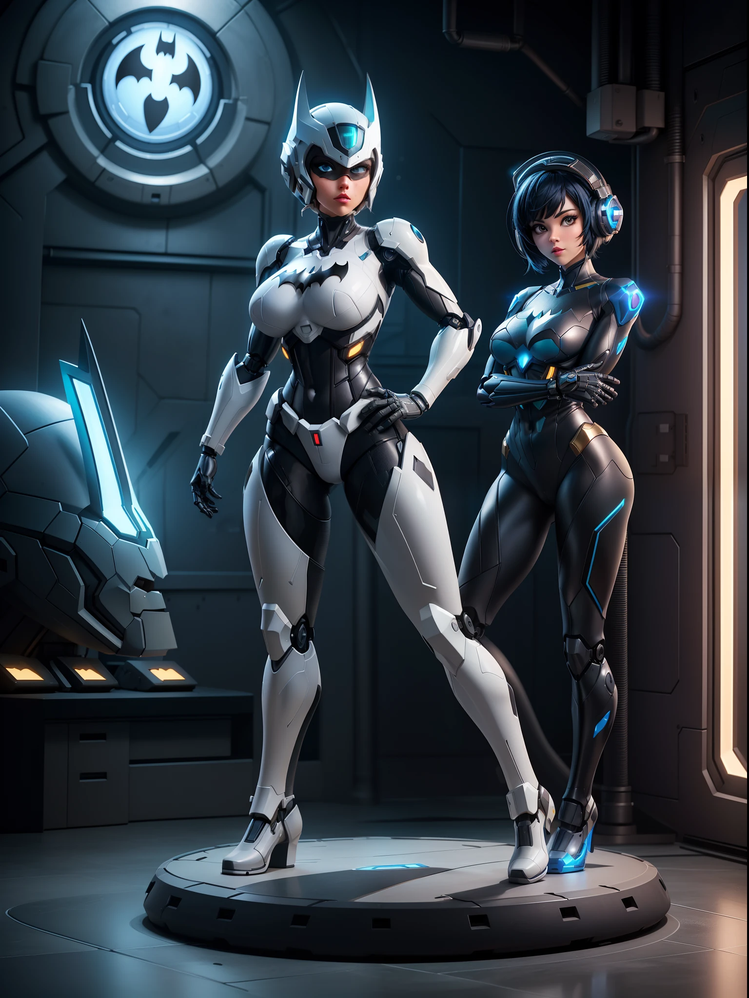 A woman, wearing mecha suit + robotic suit + Batman costume, white costume with black parts with lights attached, ((gigantic breasts)), blue hair, mohawk hair, short hair, hair with bangs in front of the eyes, ((helmet on the head)), looking at the viewer, (((pose with interaction and leaning on [something|an object])), in a ship with computers, machines, teleportation, luminous pipes, window, ((full body):1.5), 16k, UHD, best possible quality, ultra detailed, best possible resolution, Unreal Engine 5, professional photography, ((super metroid + batman)) + ((robotic body)), ((well-detailed fingers)), ((well-detailed hand)), perfect_hands,