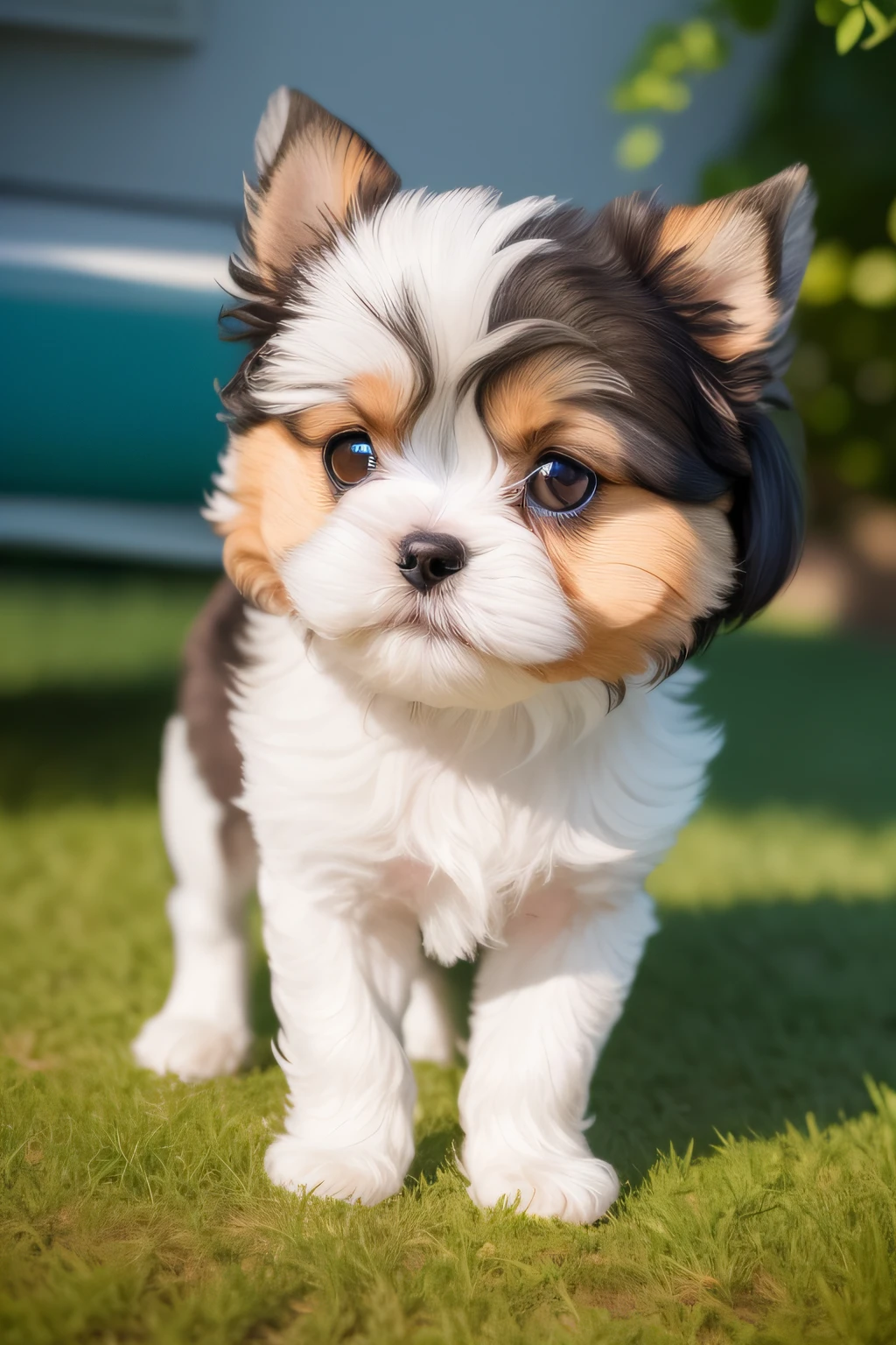 A beautiful Shih Tzu puppy is depicted on an oil canvas, cada pincelada cuidadosamente trazada revela su belleza y encanto. Su suave, Shiny coat blends into warm, Tonos vibrantes, like the gold of the sun that caresses his back and the dark brown that adorns his ears and eyes.. The puppy's gaze radiates joy and tenderness, reflejando la lealtad y el amor incondicional que nos dan nuestras mascotas. Meticulous details highlight his wet and playful nose, its small but strong legs, Listo para explorar el mundo con entusiasmo. In this oil painting, Se captura la esencia de la nobleza canina, Conveying the happiness and deep connection we share with our faithful companions
