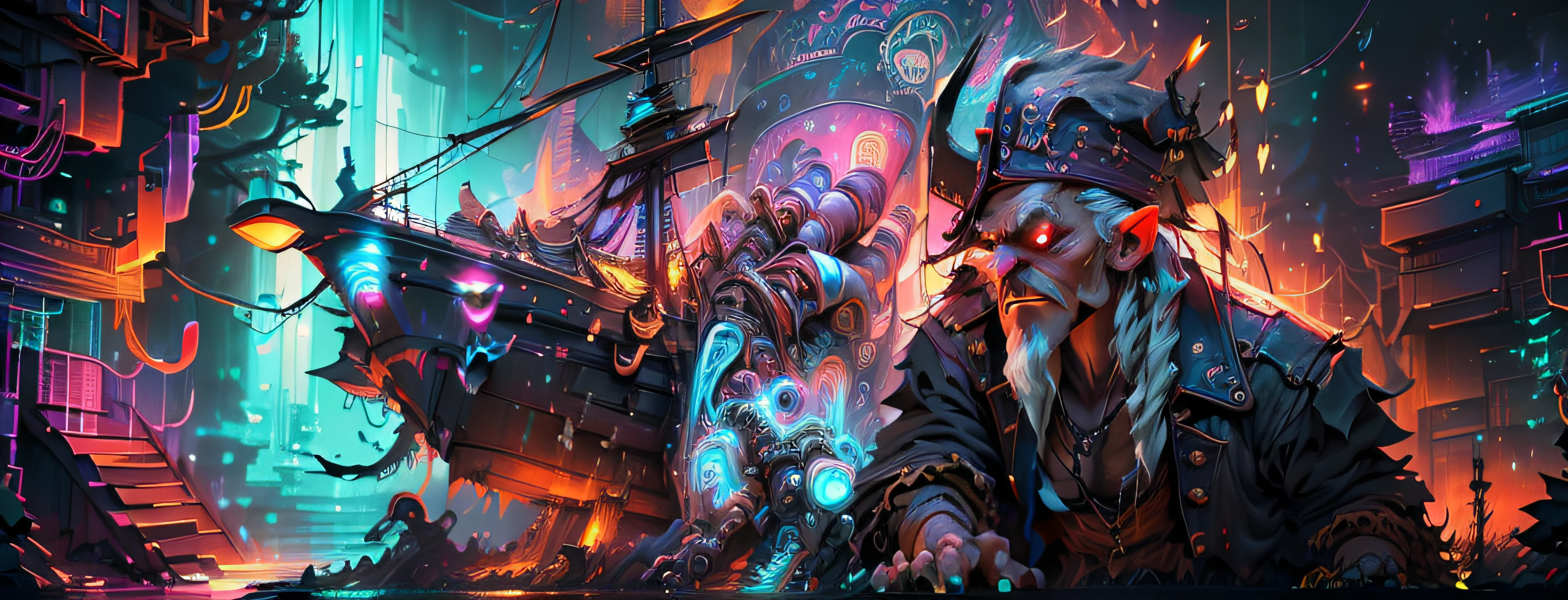 Under the cover of night, let the black light reveal a hidden world of enchantment and wonder. The weathered male pirate stands amidst a sea of pirate wenches, their arms entwined, as vivid 3D images come alive with psychedelic colors. The tavern and ships in the background transform into a mesmerizing spectacle, pulsating with vibrant hues that dance and swirl. Let yer brushstroke unleash the magic of this nocturnal scene, where reality and imagination intertwine. Set yer camera to capture this masterpiece in the best quality, 4k, high-res, and let the black light reveal the extraordinary beauty of this pirate's dream, me matey!