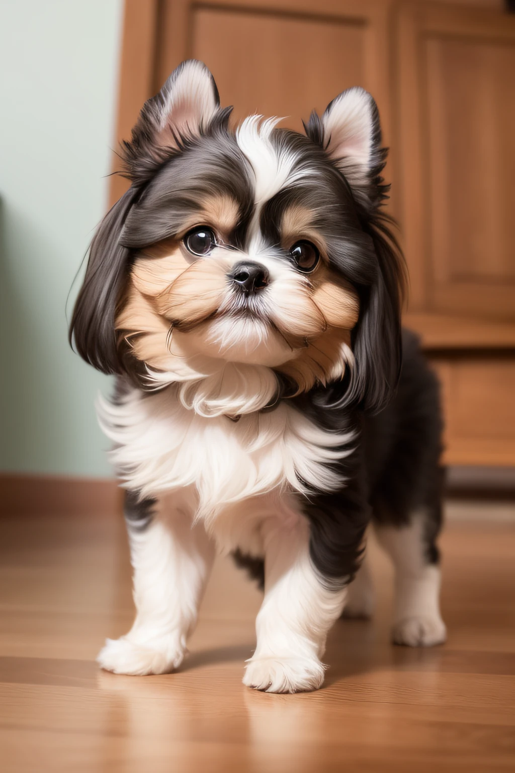 A beautiful Shih Tzu puppy is depicted on an oil canvas, cada pincelada cuidadosamente trazada revela su belleza y encanto. Su suave, Shiny coat blends into warm, Tonos vibrantes, like the gold of the sun that caresses his back and the dark brown that adorns his ears and eyes.. The puppy's gaze radiates joy and tenderness, reflejando la lealtad y el amor incondicional que nos dan nuestras mascotas. Meticulous details highlight his wet and playful nose, its small but strong legs, Listo para explorar el mundo con entusiasmo. In this oil painting, Se captura la esencia de la nobleza canina, Conveying the happiness and deep connection we share with our faithful companions