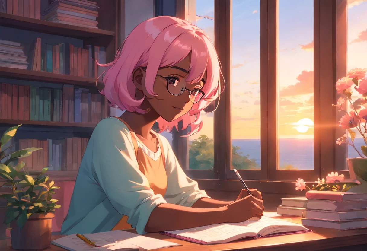 Lia a girl with pink hair, (dark skin), curly hair, studying in her peach pastel room, cozy study desk, glasses, large window overlooking beautiful nature scenery, (staring at the scenery), floral notebooks, (dark skin), (sunrise time), (dark skin)